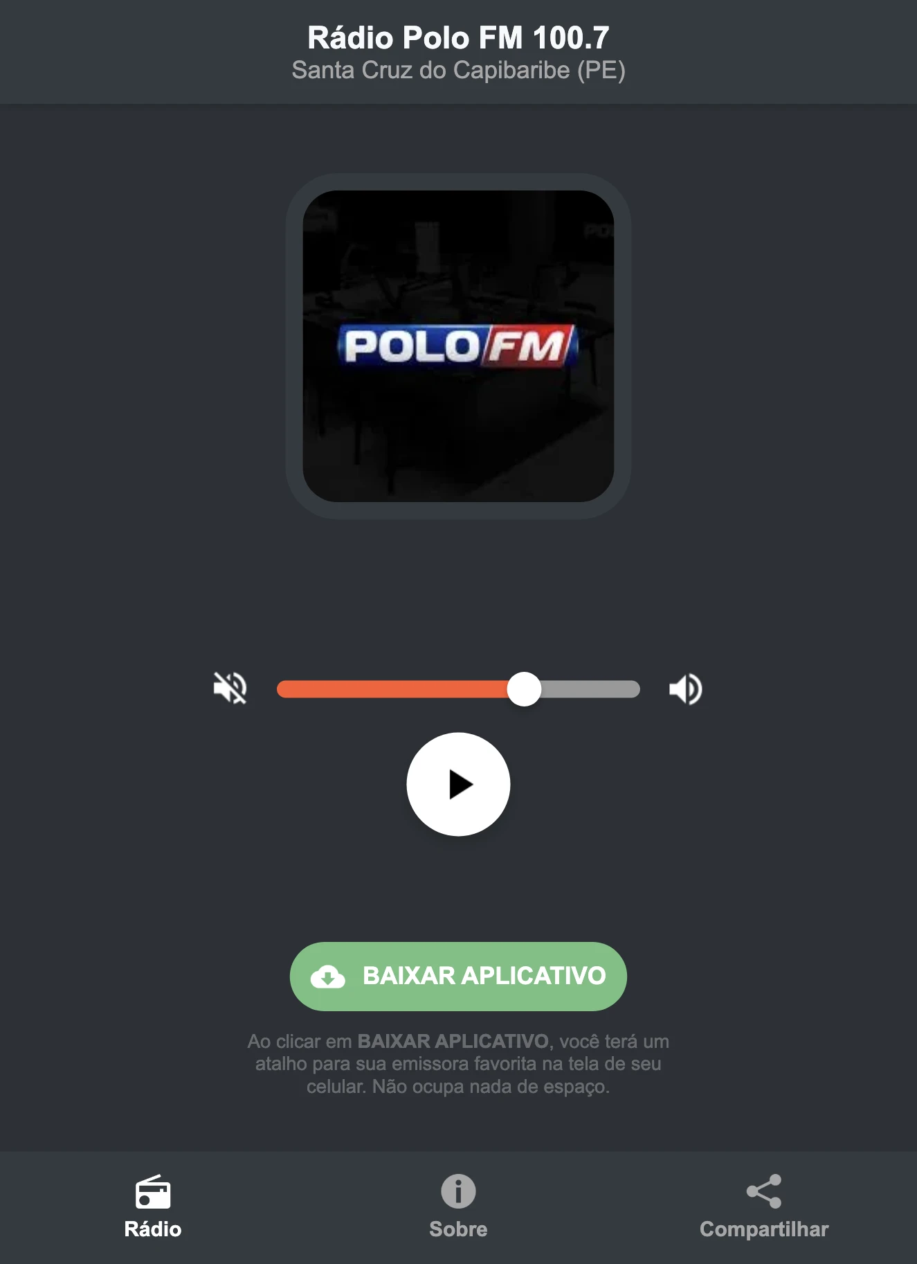 Screenshot do aplicativo da Rádio Polo FM 100.7