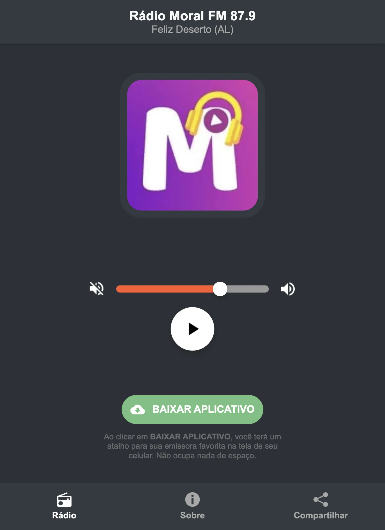 Screenshot do aplicativo da Rádio Moral FM 87.9