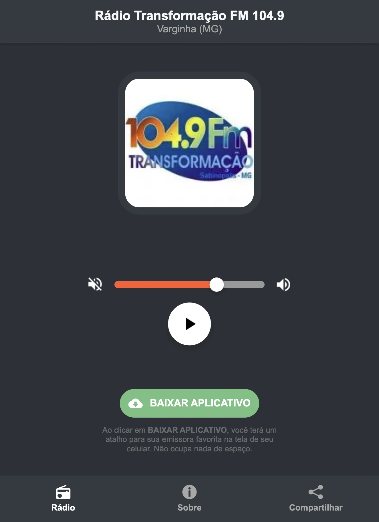 Screenshot do aplicativo da Rádio Transformação FM 104.9