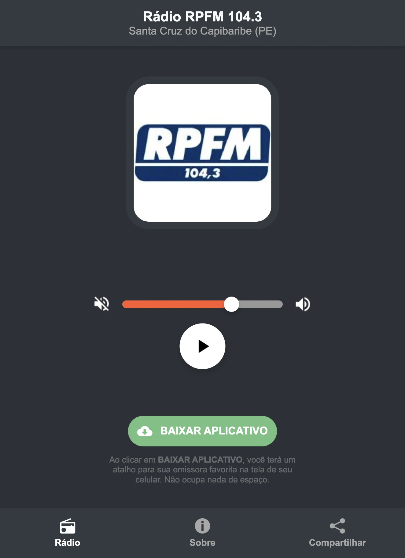 Screenshot do aplicativo da Rádio RPFM 104.3