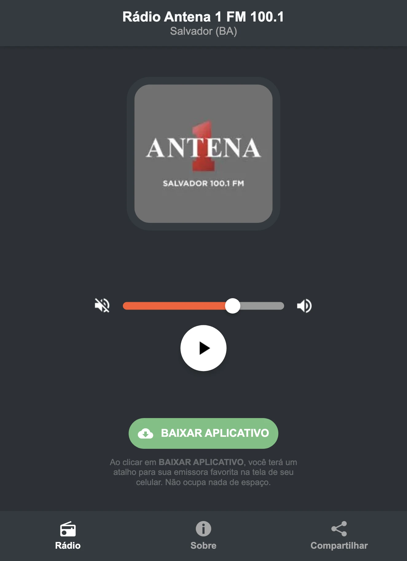 Screenshot do aplicativo da Rádio Antena 1 FM 100.1