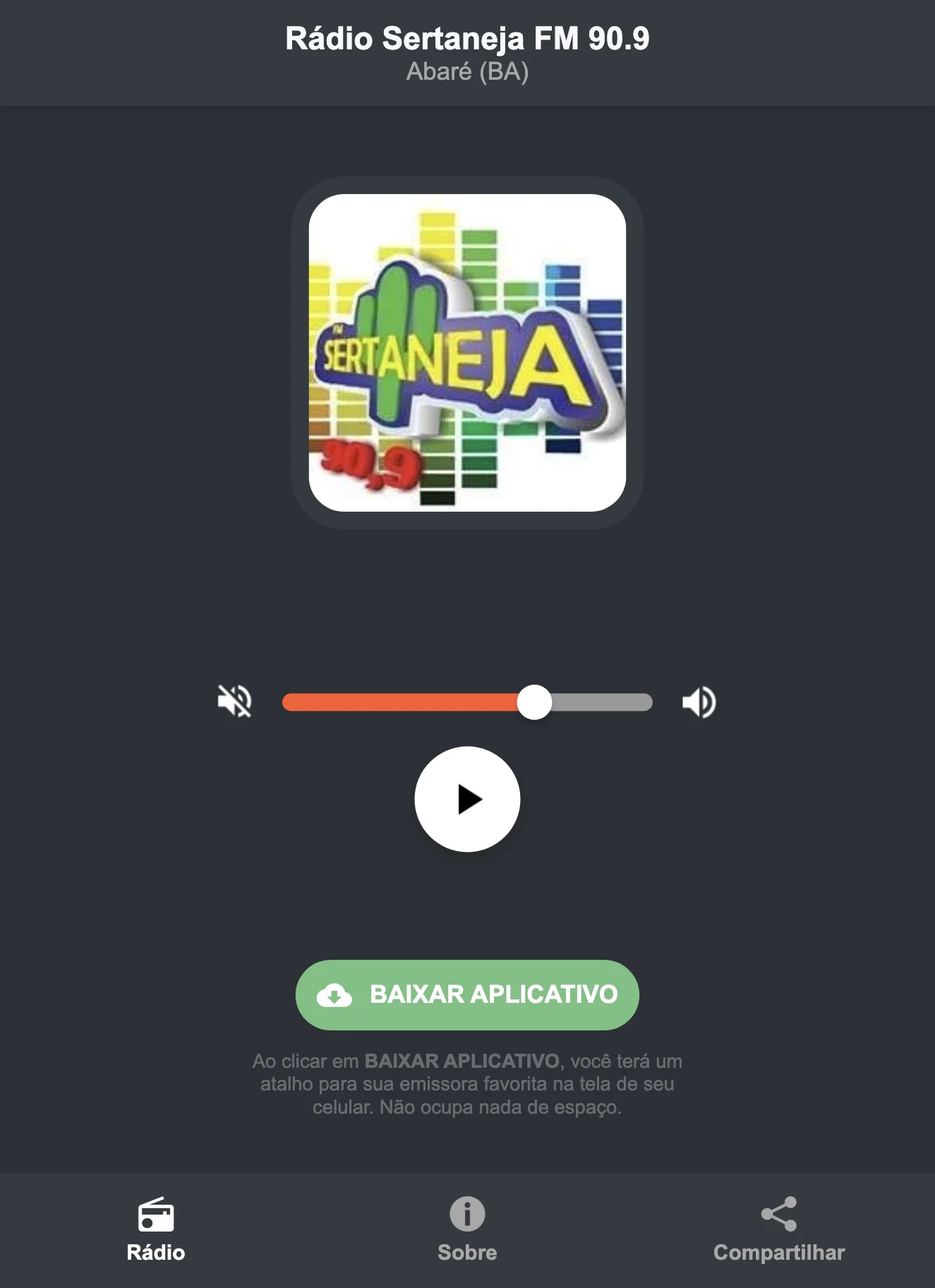 Screenshot do aplicativo da Rádio Sertaneja FM 90.9