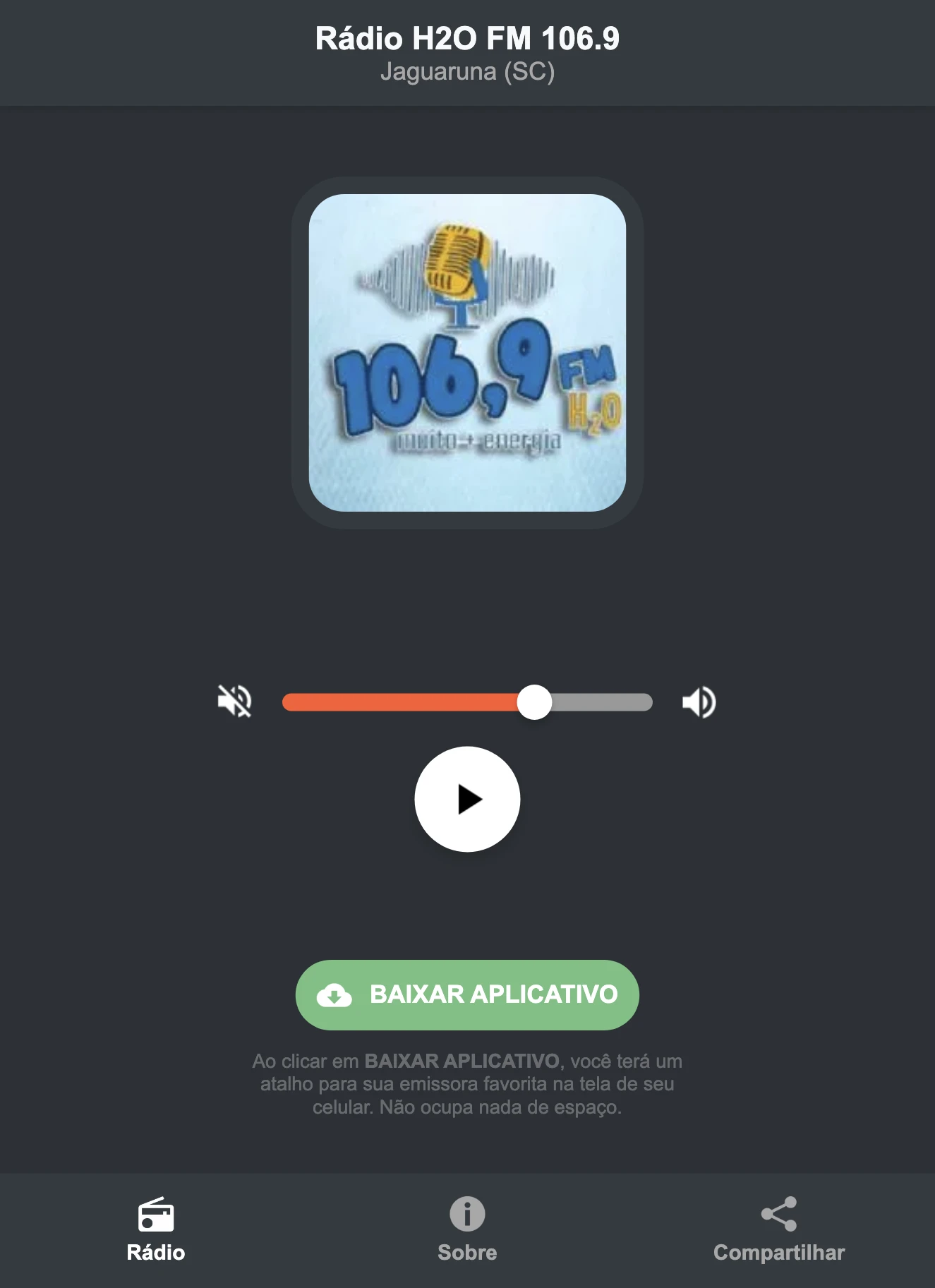 Screenshot do aplicativo da Rádio H2O FM 106.9