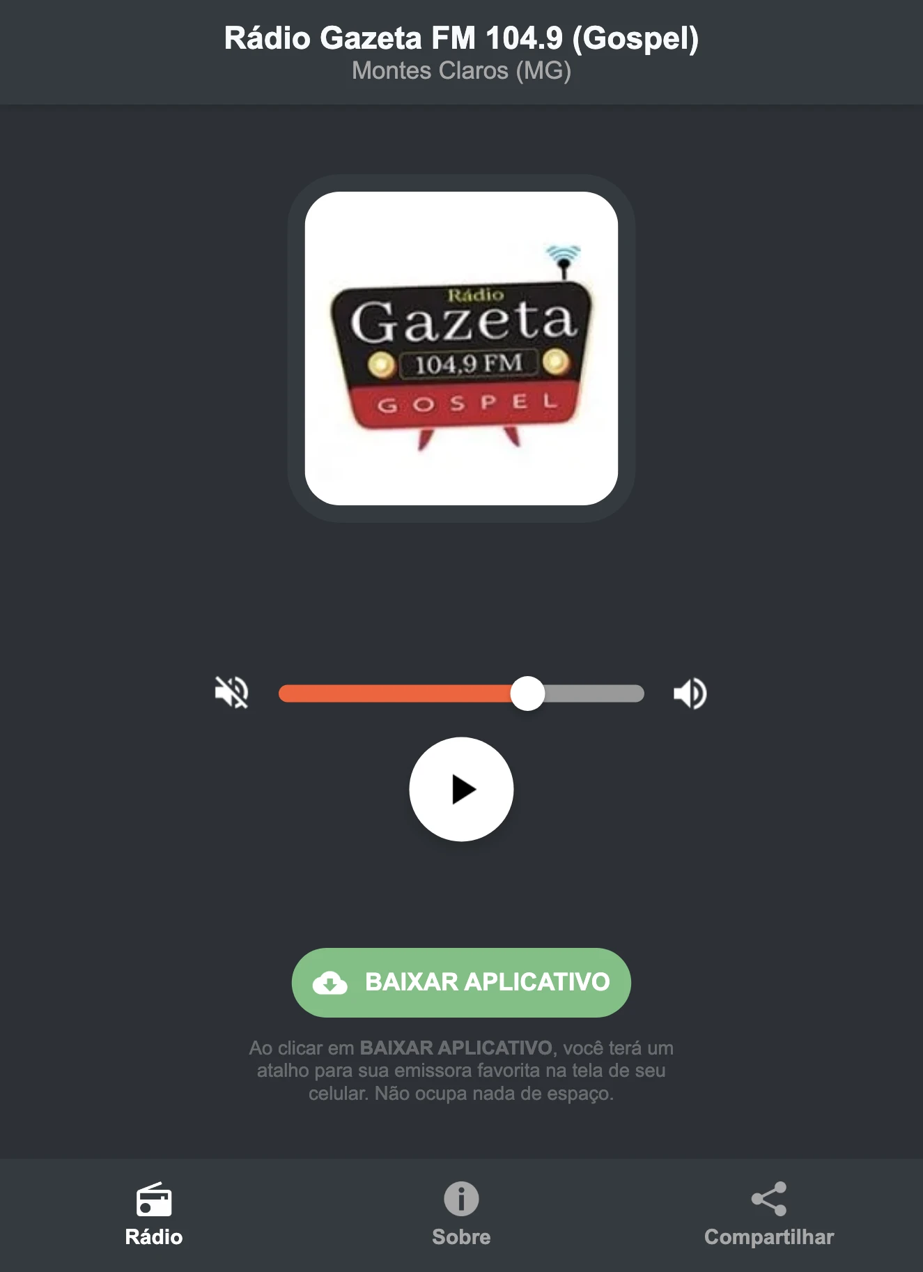 Screenshot do aplicativo da Rádio Gazeta FM 104.9 (Gospel)
