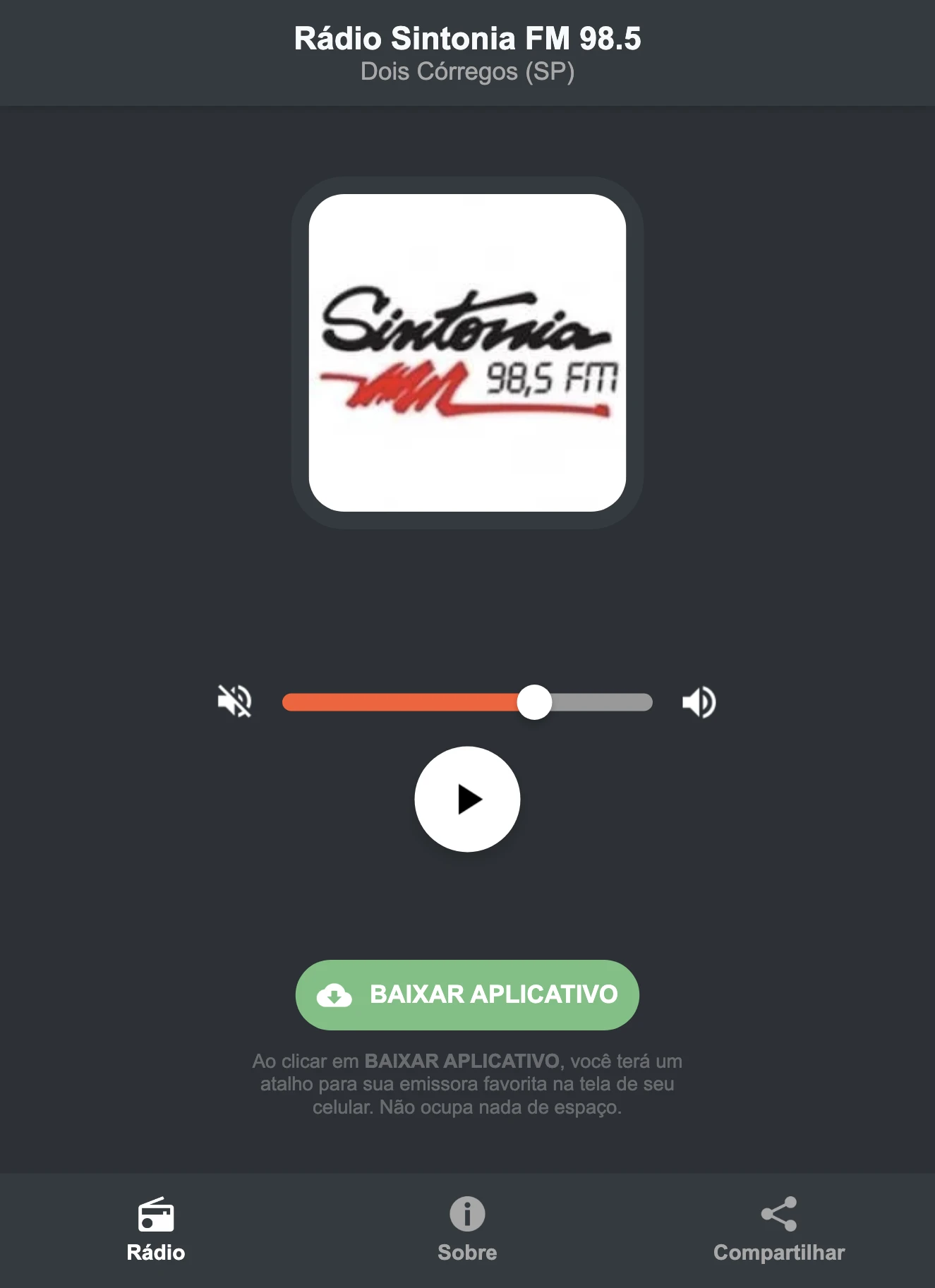 Screenshot do aplicativo da Rádio Sintonia FM 98.5