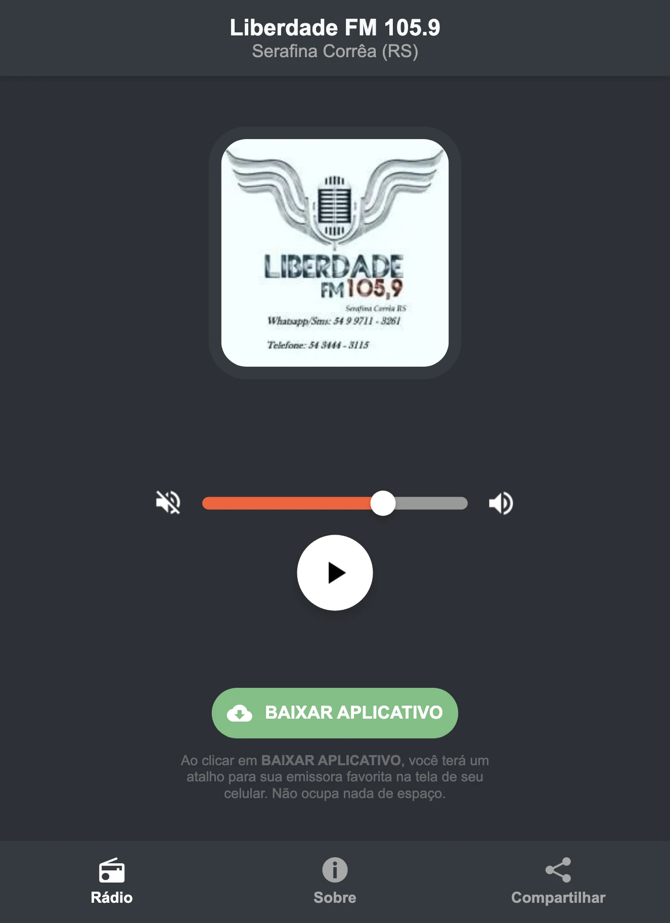 Screenshot do aplicativo da Liberdade FM 105.9