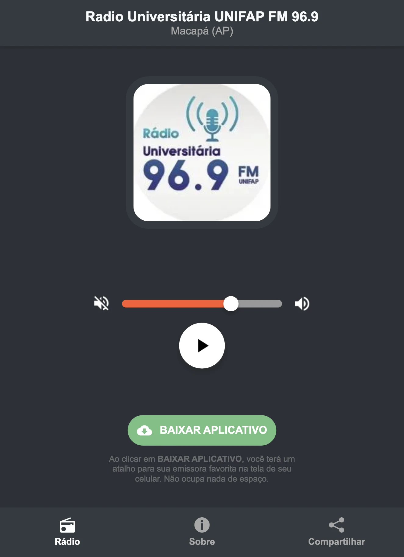 Screenshot do aplicativo da Radio Universitária UNIFAP FM 96.9