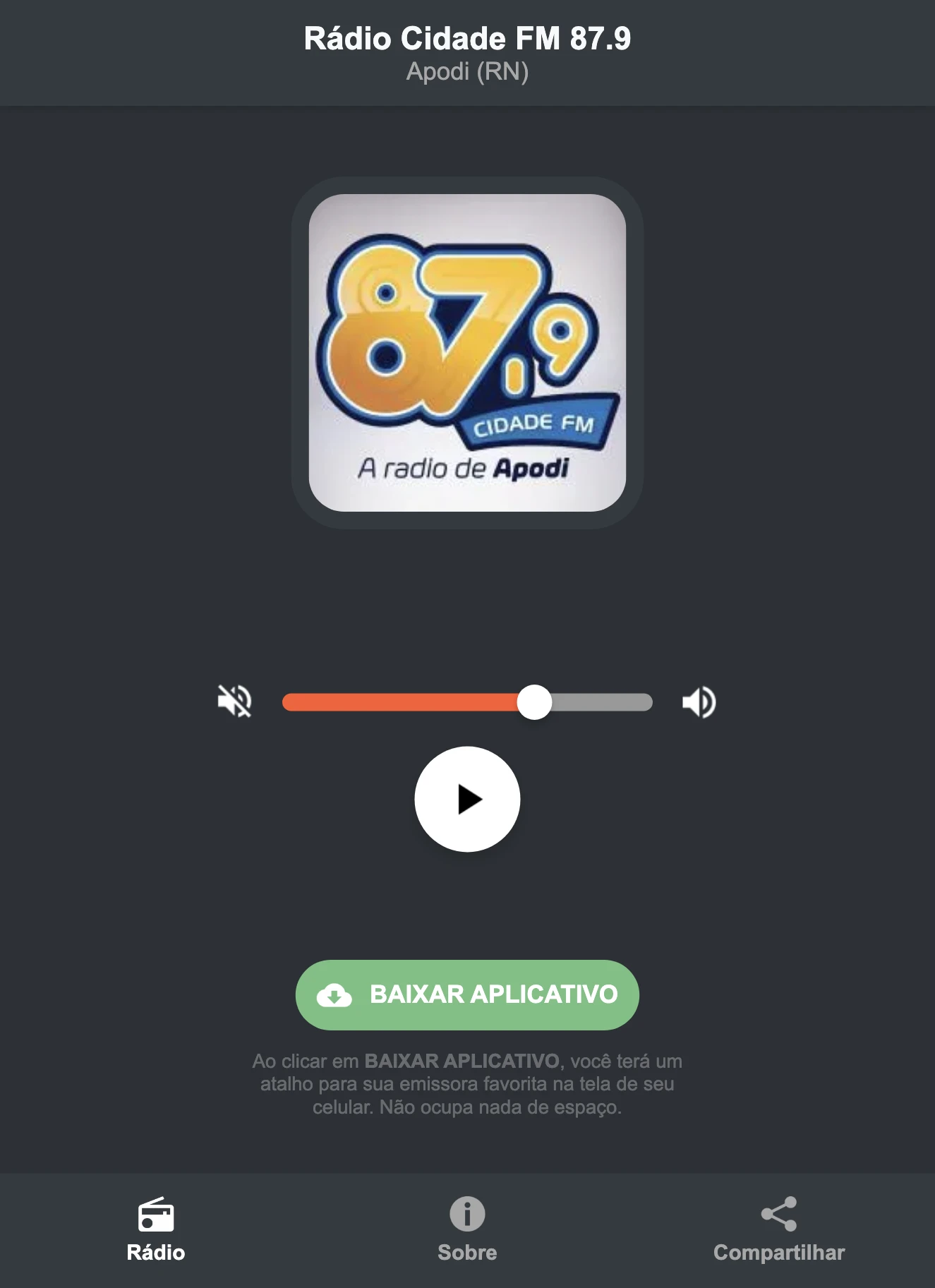Screenshot do aplicativo da Rádio Cidade FM 87.9