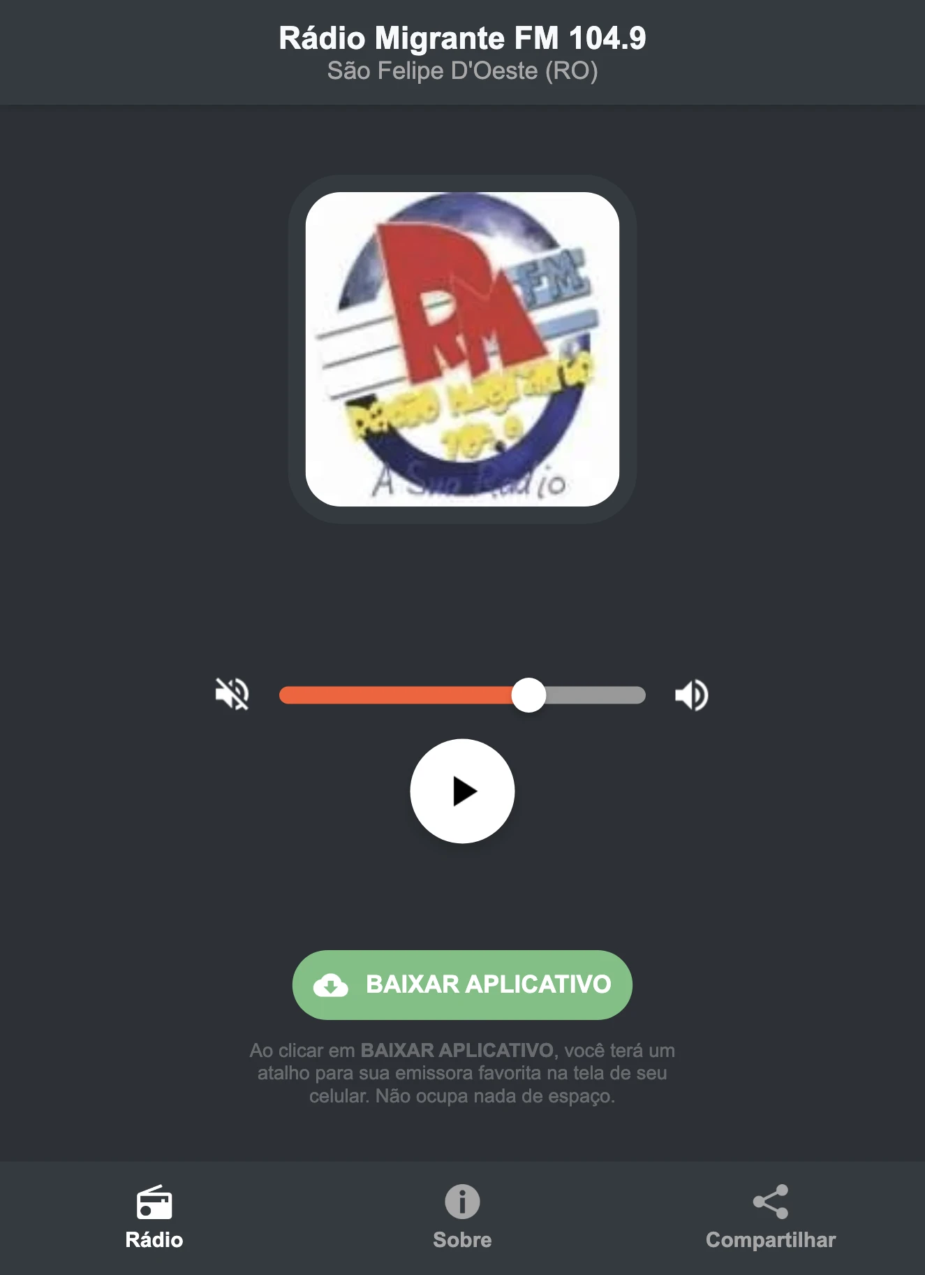 Screenshot do aplicativo da Rádio Migrante FM 104.9