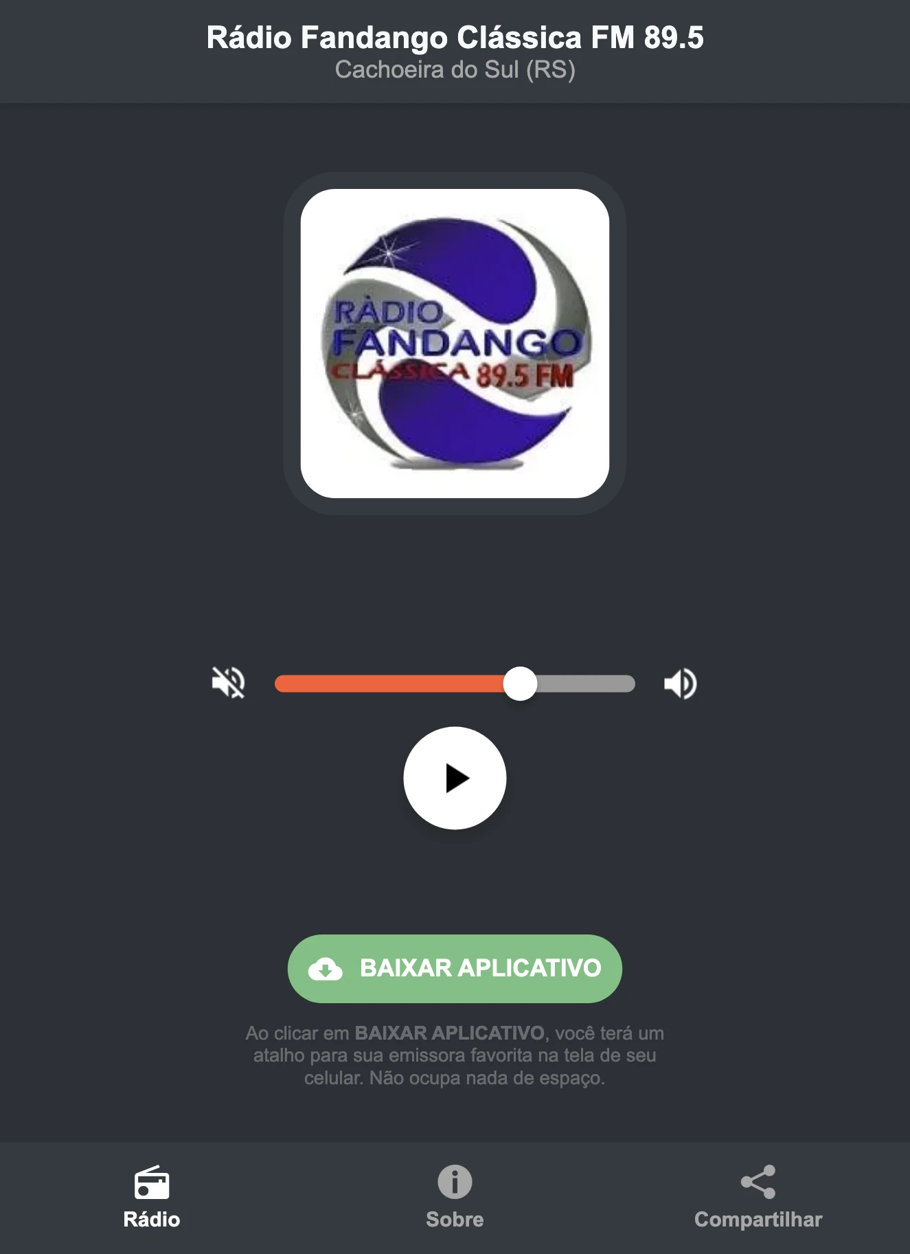 Screenshot do aplicativo da Rádio Fandango Clássica FM 89.5