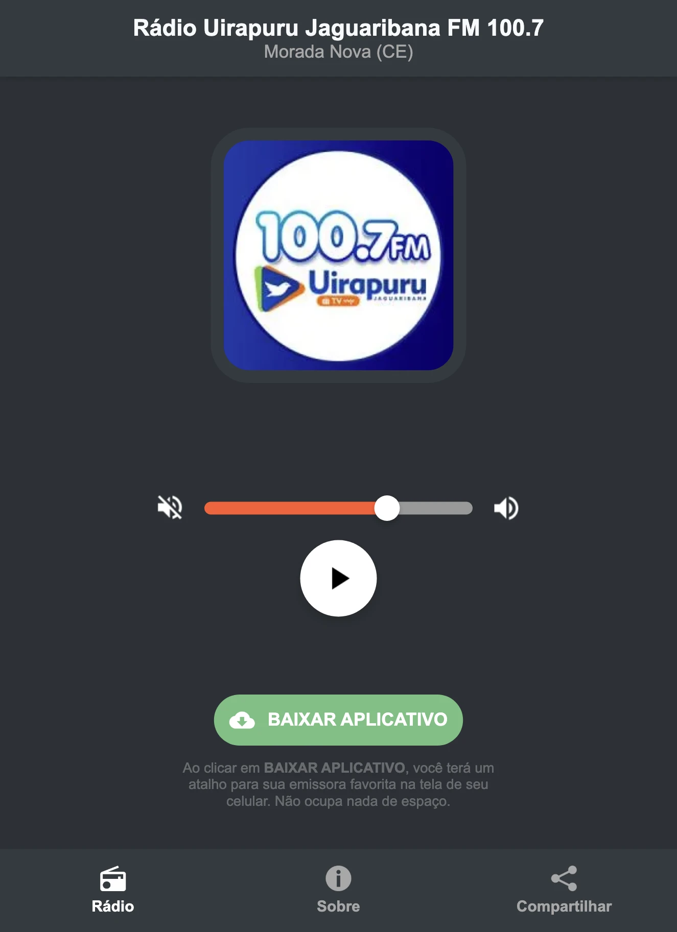 Screenshot do aplicativo da Rádio Uirapuru Jaguaribana FM 100.7
