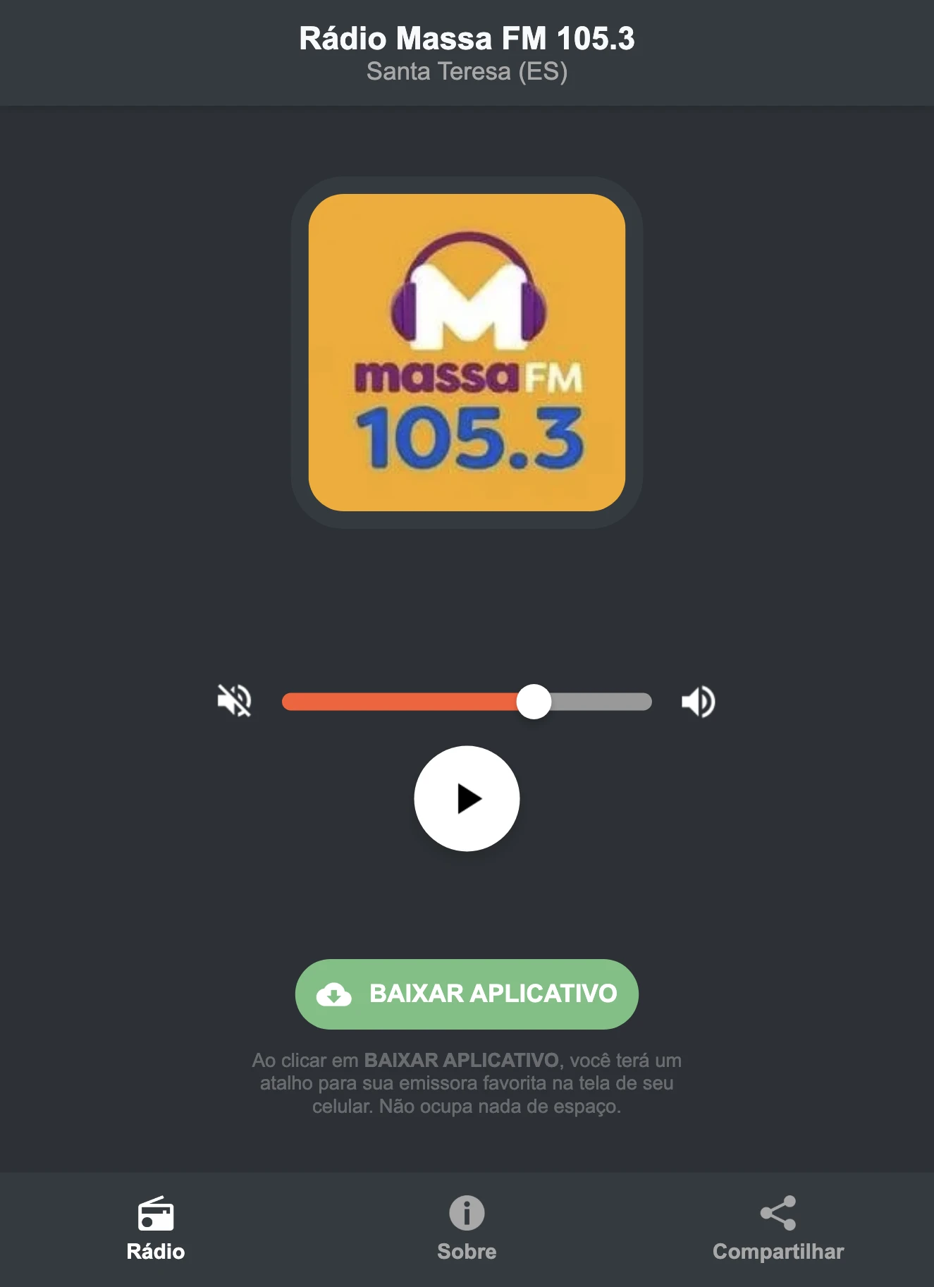 Screenshot do aplicativo da Rádio Massa FM 105.3