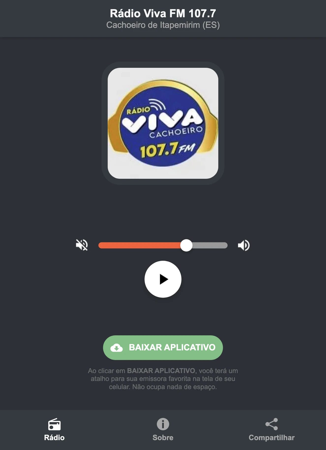 Screenshot do aplicativo da Rádio Viva FM 107.7