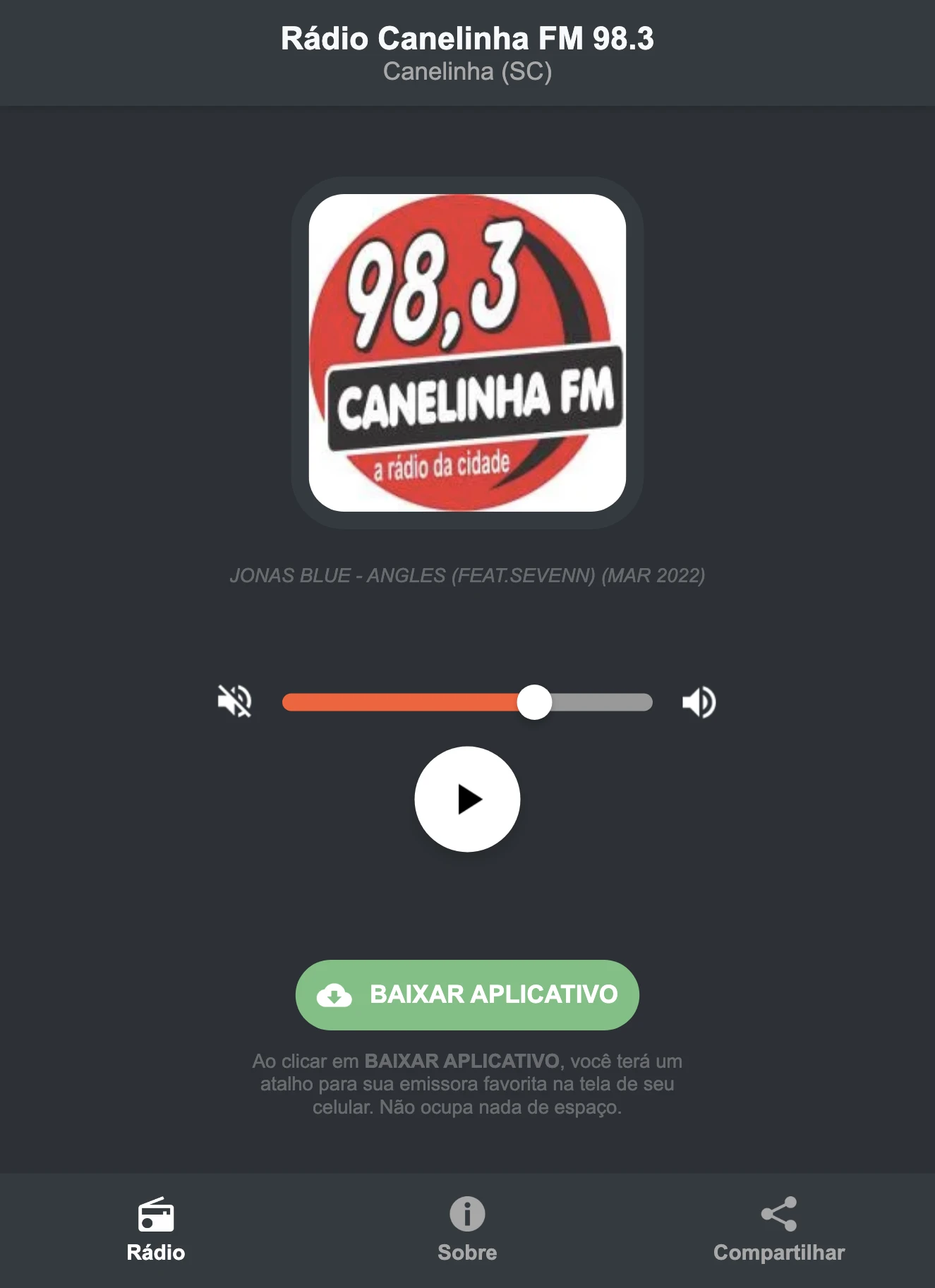 Screenshot do aplicativo da Rádio Canelinha FM 98.3