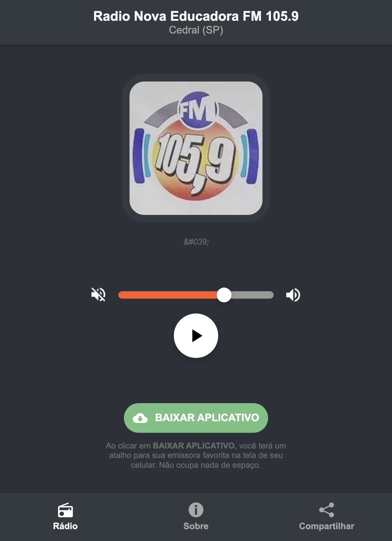 Screenshot do aplicativo da Radio Nova Educadora FM 105.9