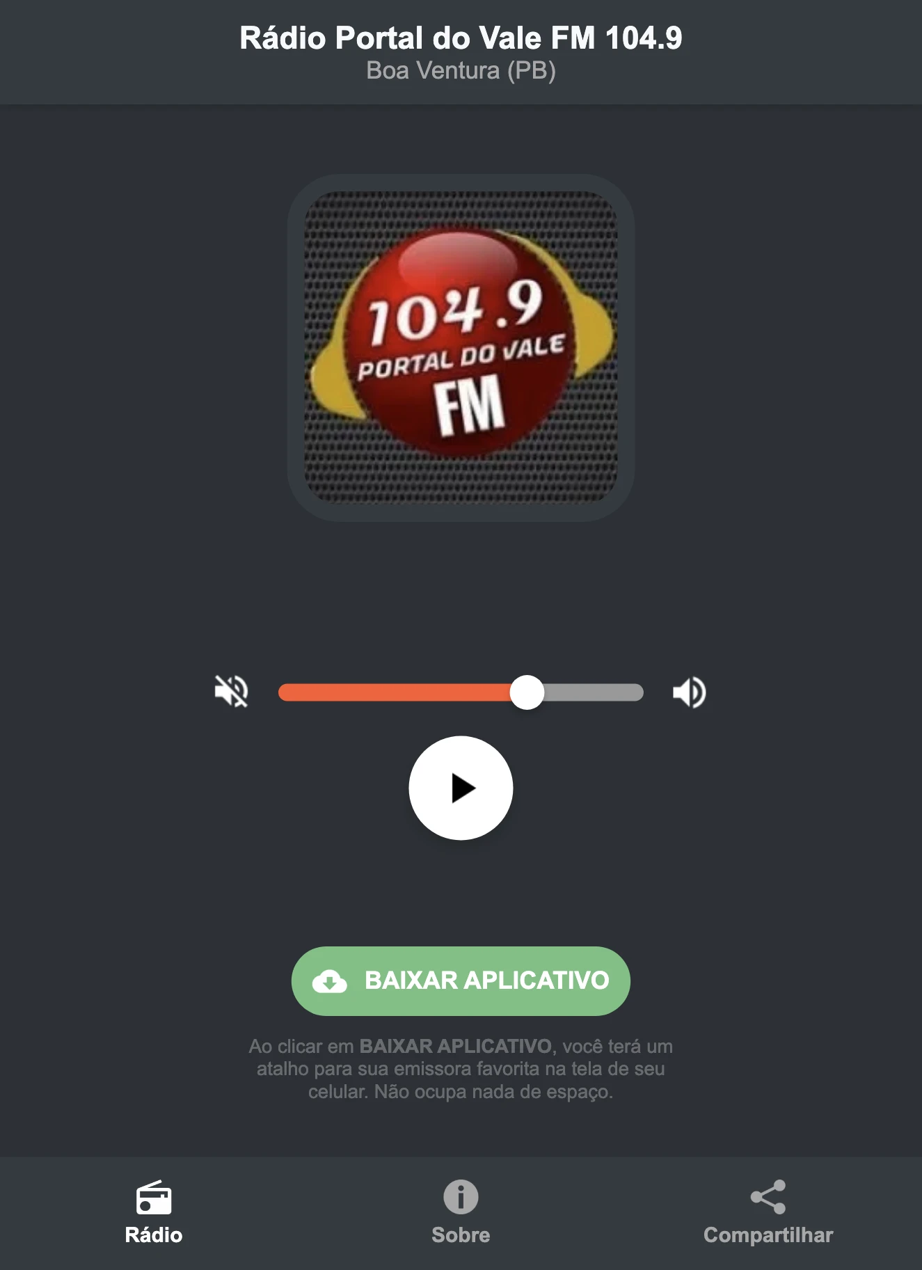 Screenshot do aplicativo da Rádio Portal do Vale FM 104.9