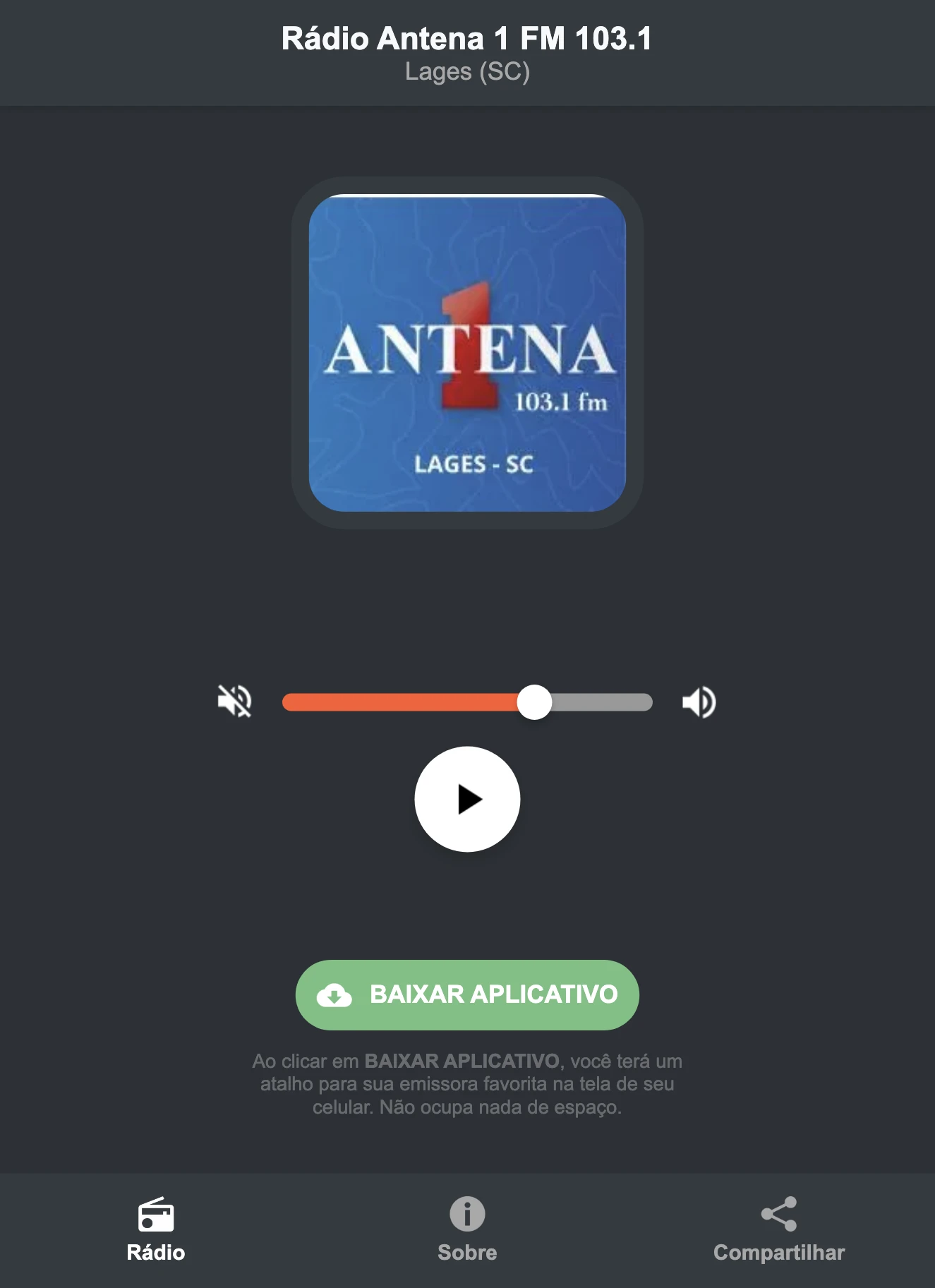 Screenshot do aplicativo da Rádio Antena 1 FM 103.1
