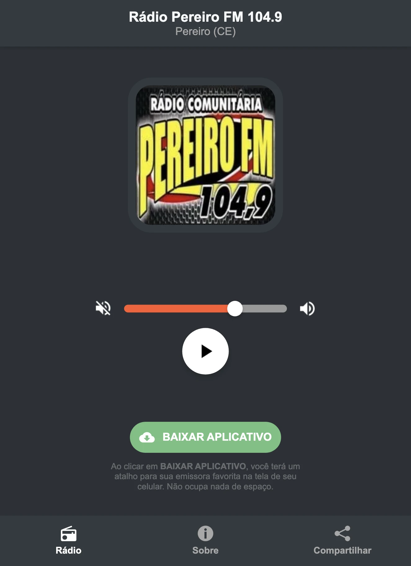 Screenshot do aplicativo da Rádio Pereiro FM 104.9