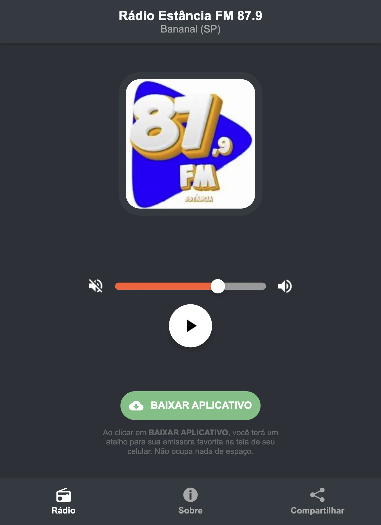 Screenshot do aplicativo da Rádio Estância FM 87.9