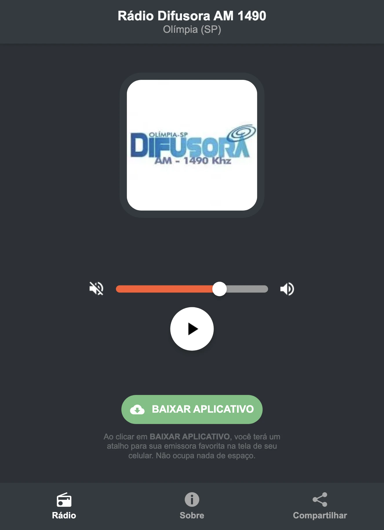Screenshot do aplicativo da Rádio Difusora AM 1490