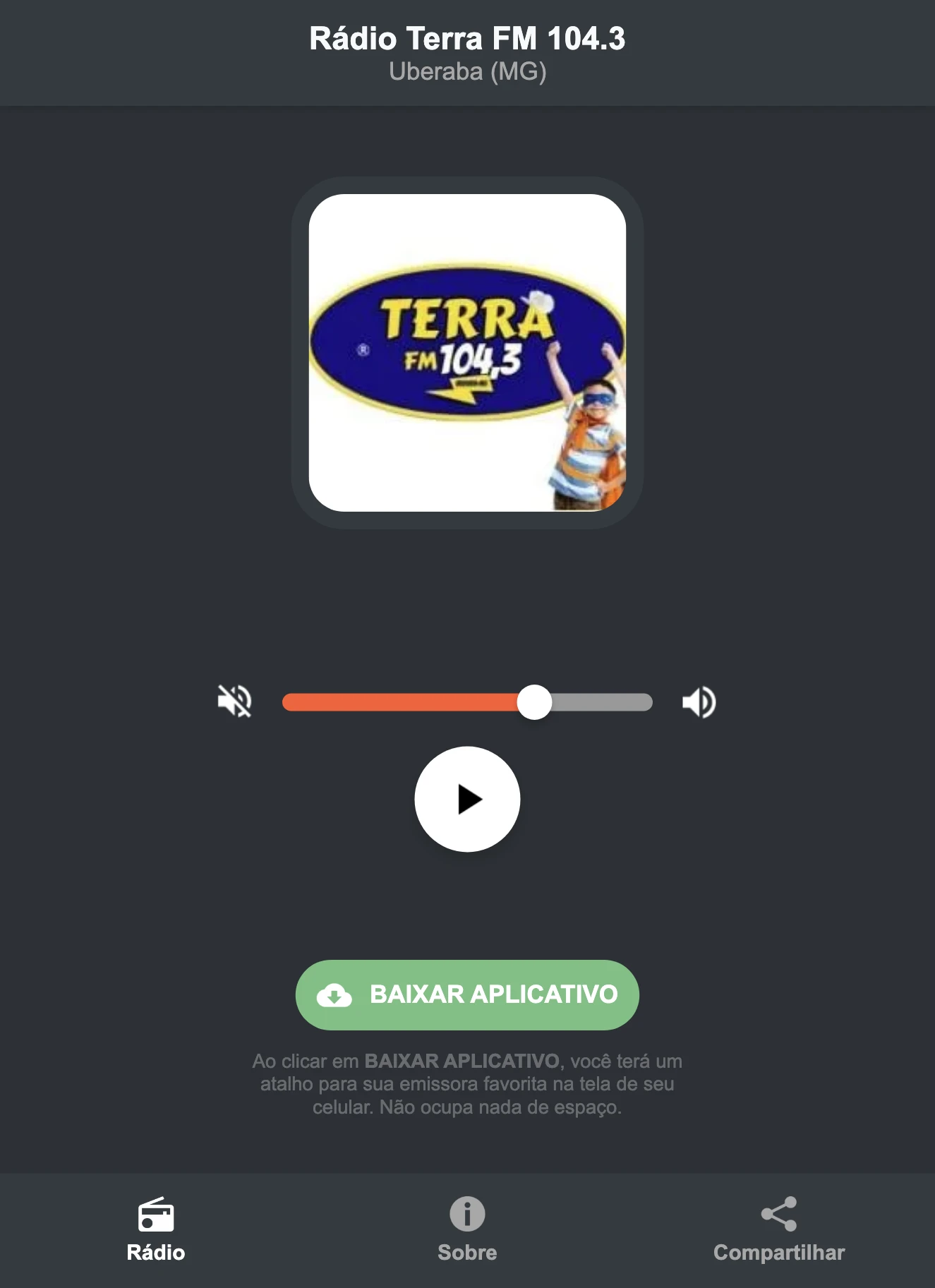 Screenshot do aplicativo da Rádio Terra FM 104.3