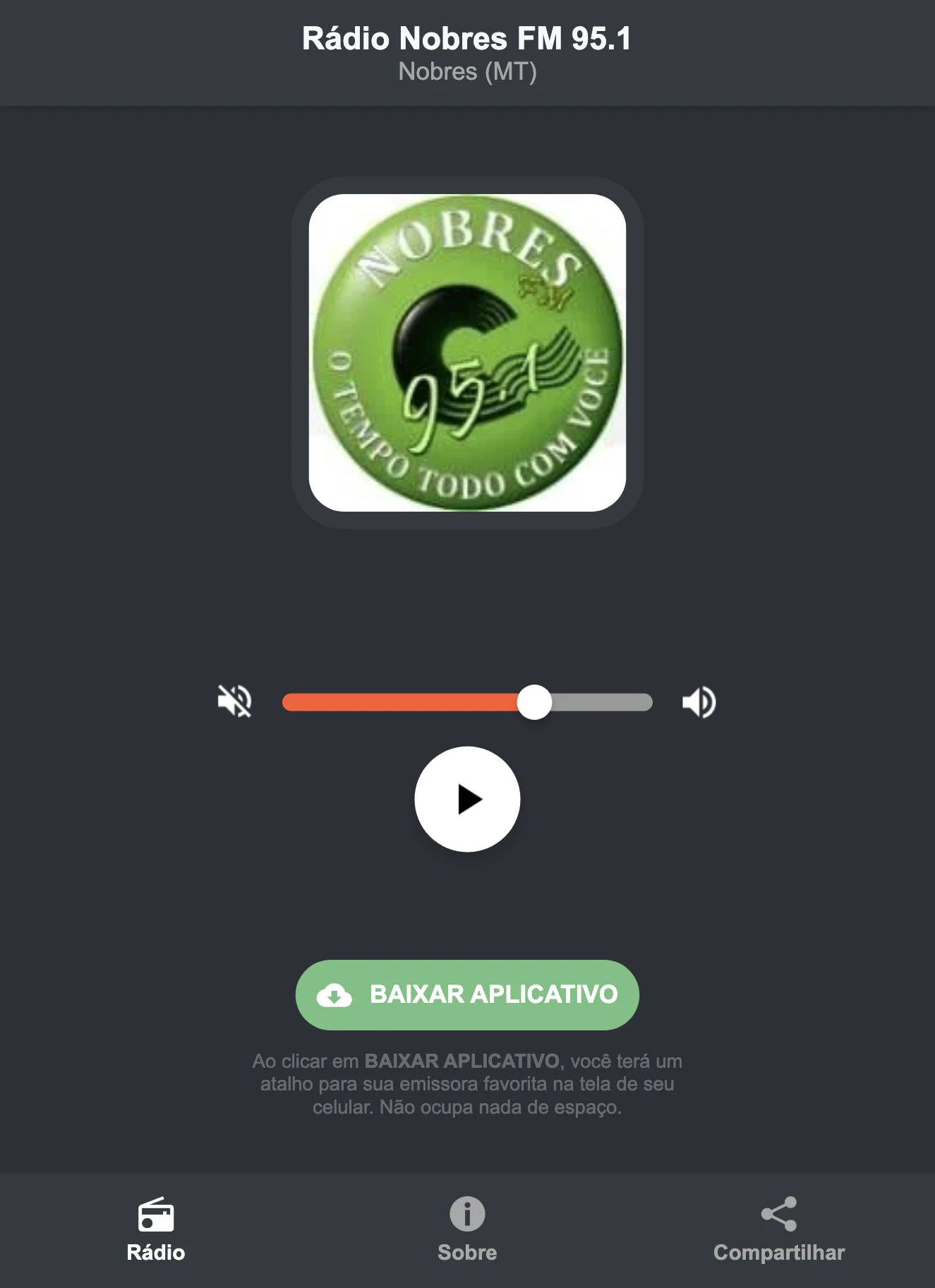 Screenshot do aplicativo da Rádio Nobres FM 95.1