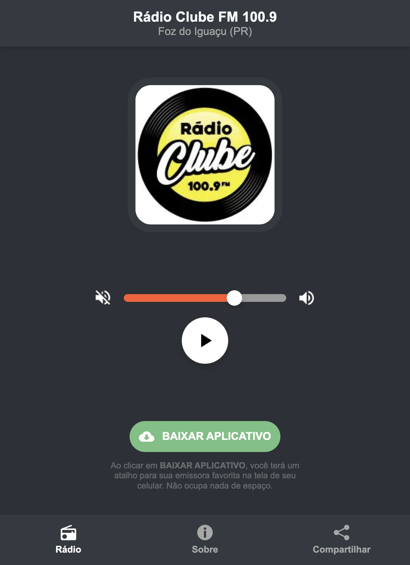 Screenshot do aplicativo da Rádio Clube FM 100.9