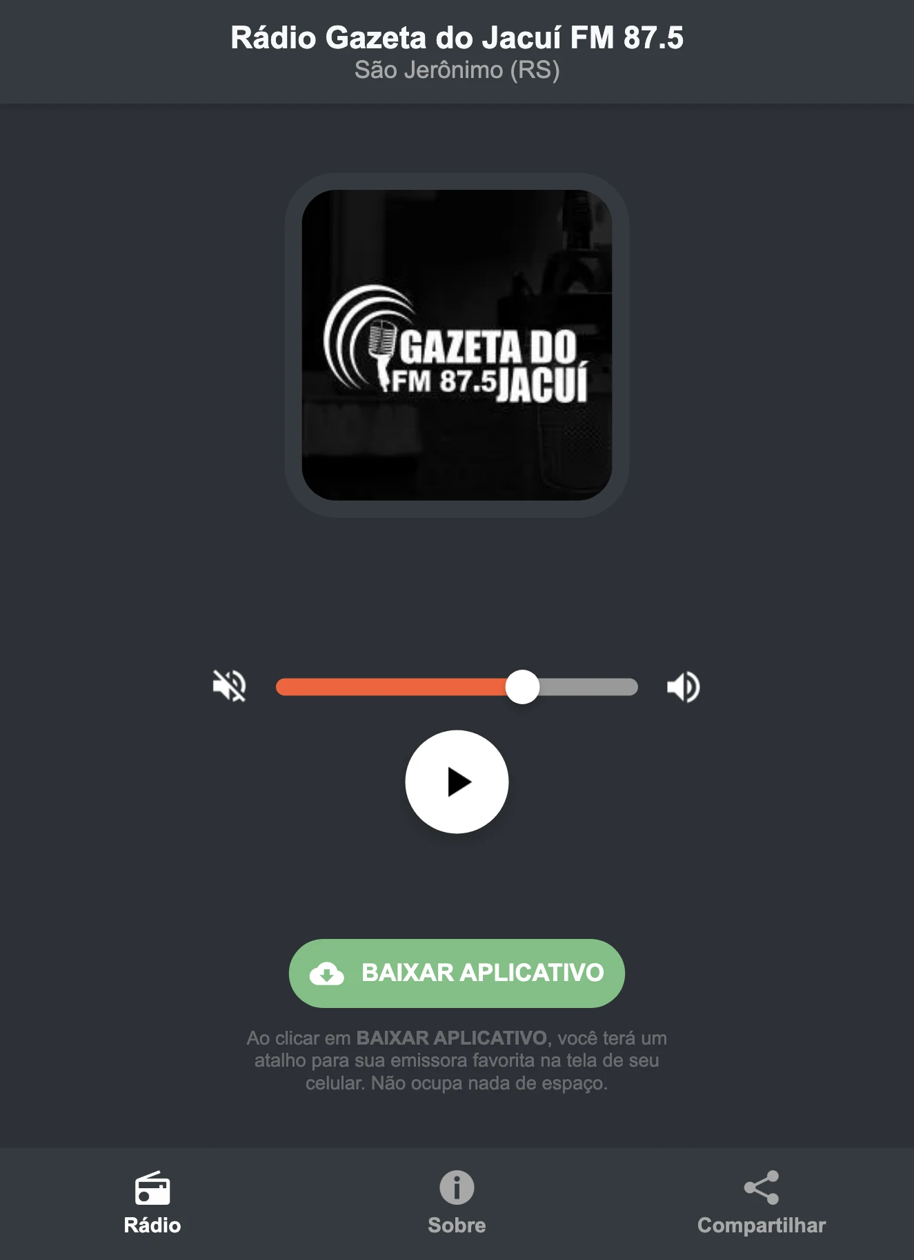 Screenshot do aplicativo da Rádio Gazeta do Jacuí FM 87.5