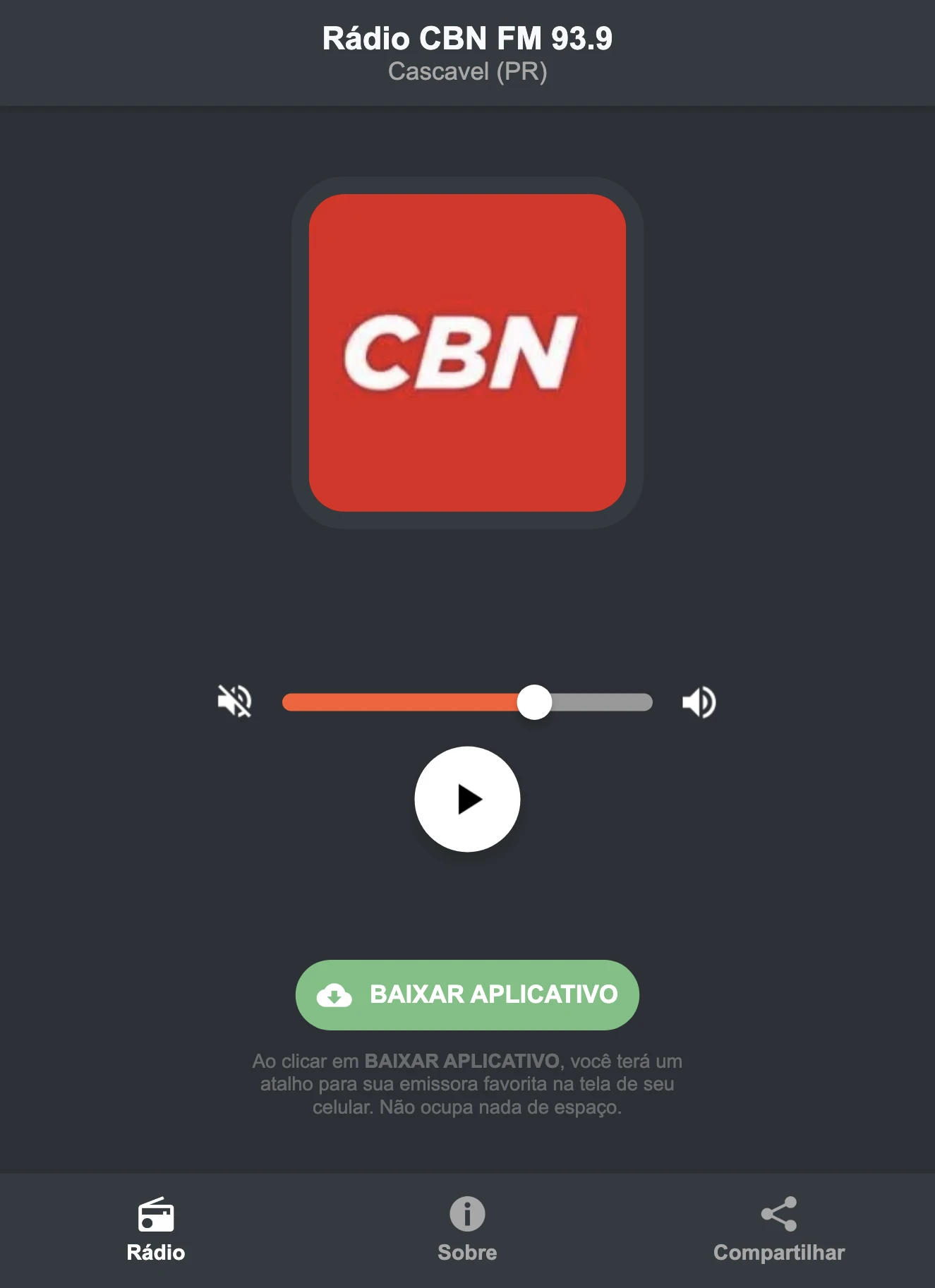 Screenshot do aplicativo da Rádio CBN FM 93.9