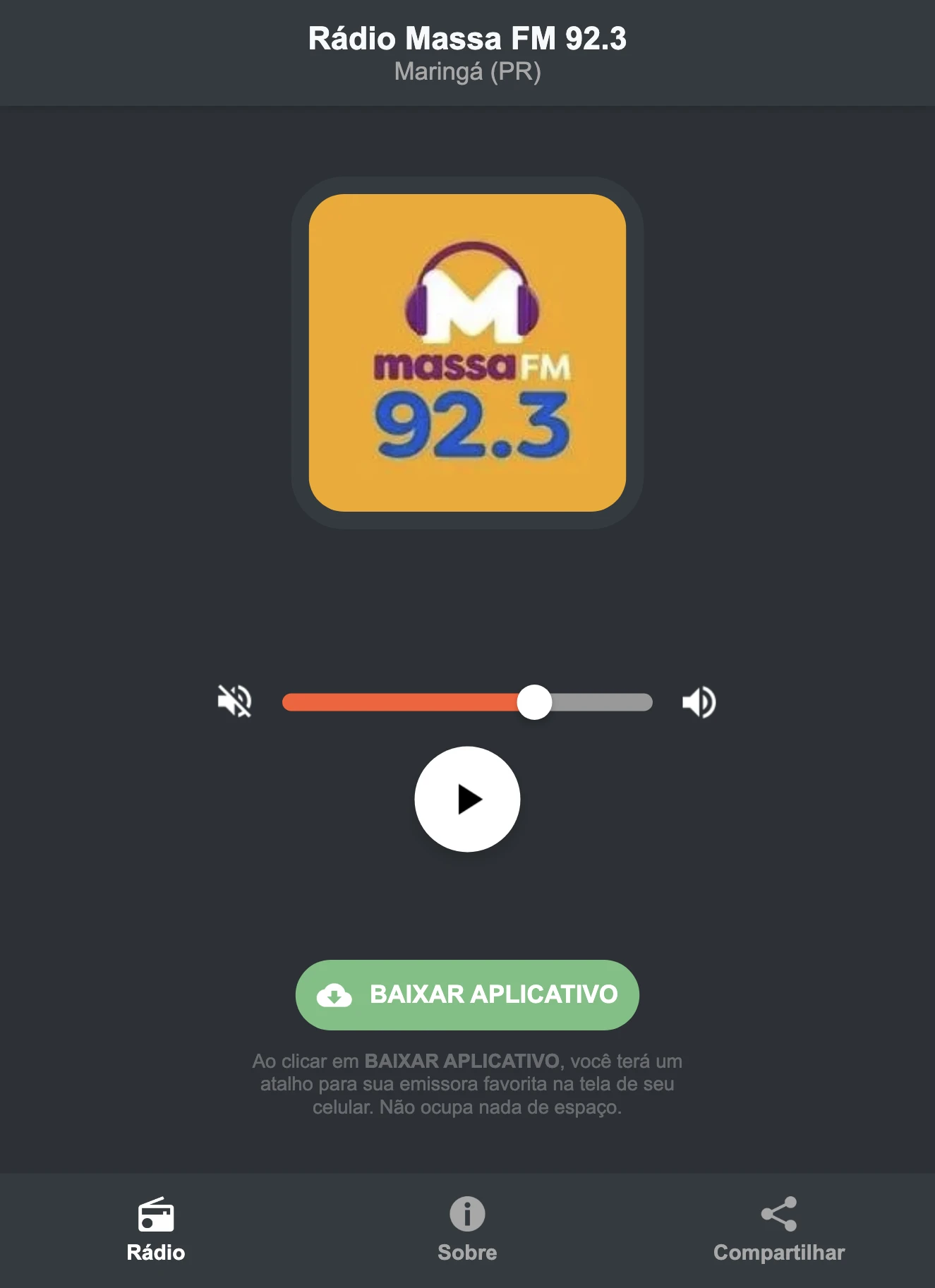 Screenshot do aplicativo da Rádio Massa FM 92.3