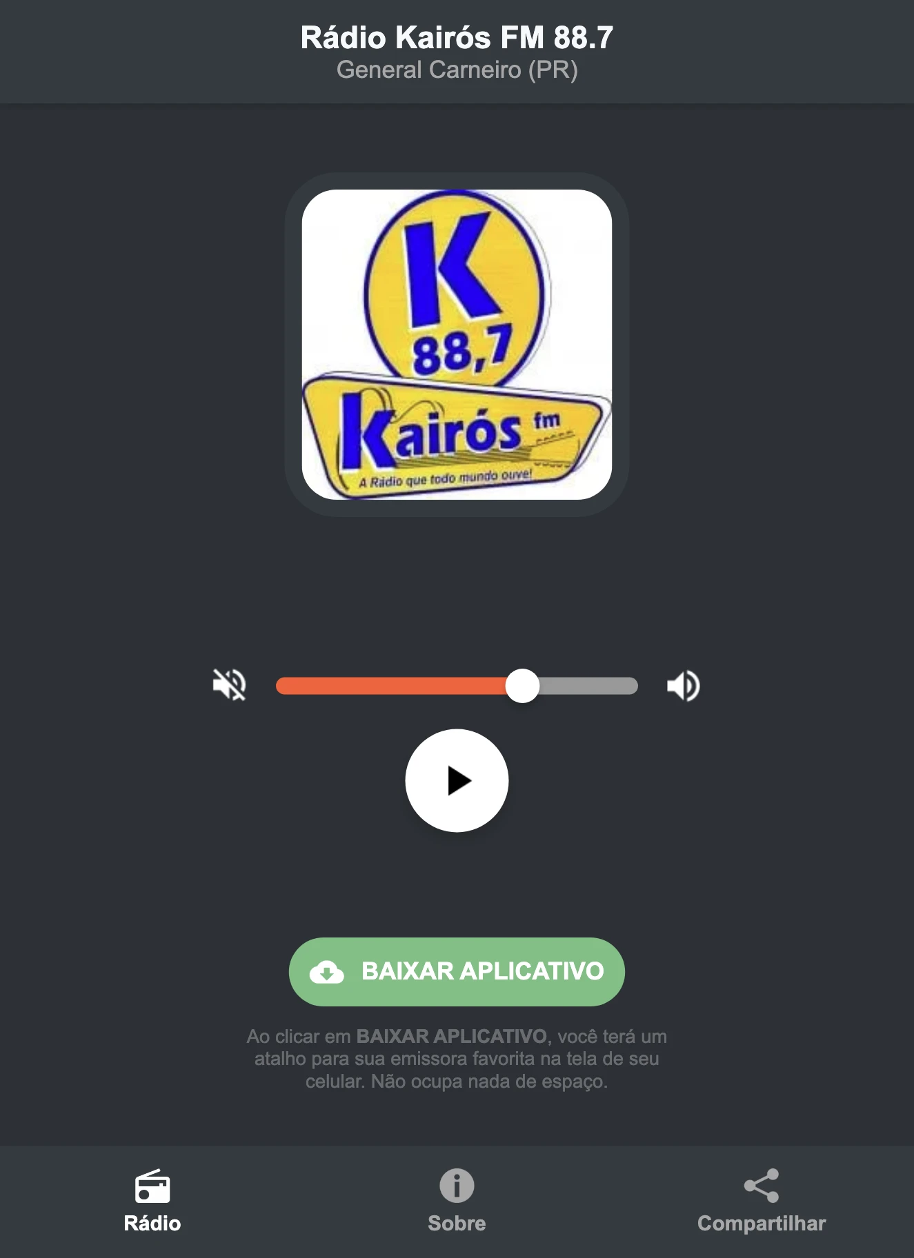 Screenshot do aplicativo da Rádio Kairós FM 88.7