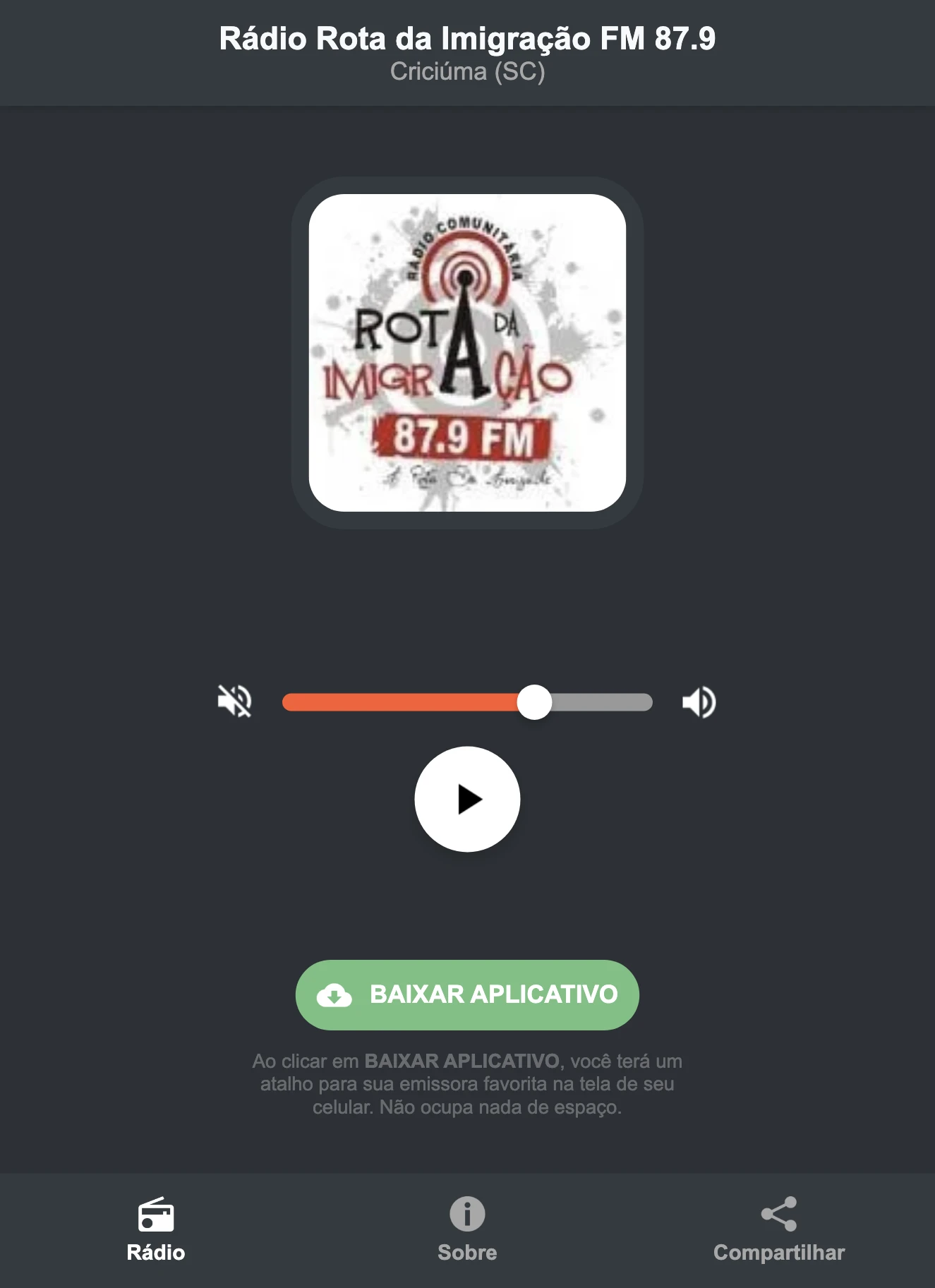 Screenshot do aplicativo da Rádio Rota da Imigração FM 87.9