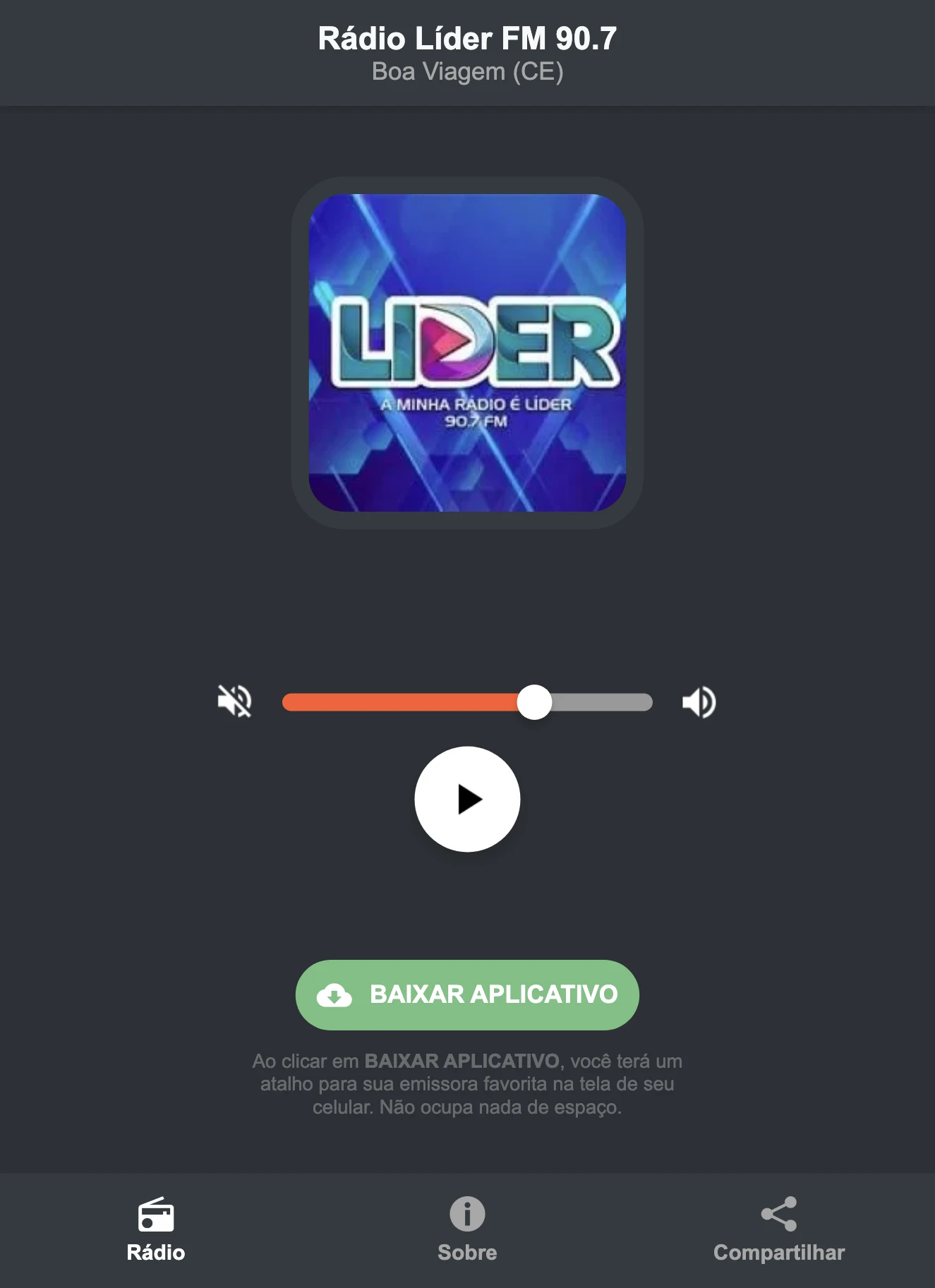 Screenshot do aplicativo da Rádio Líder FM 90.7