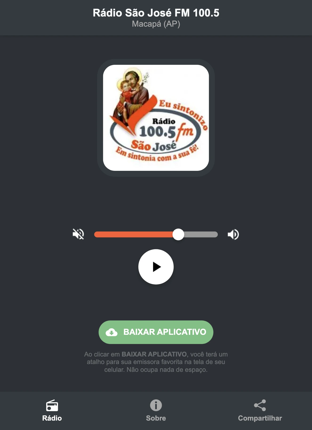 Screenshot do aplicativo da Rádio São José FM 100.5