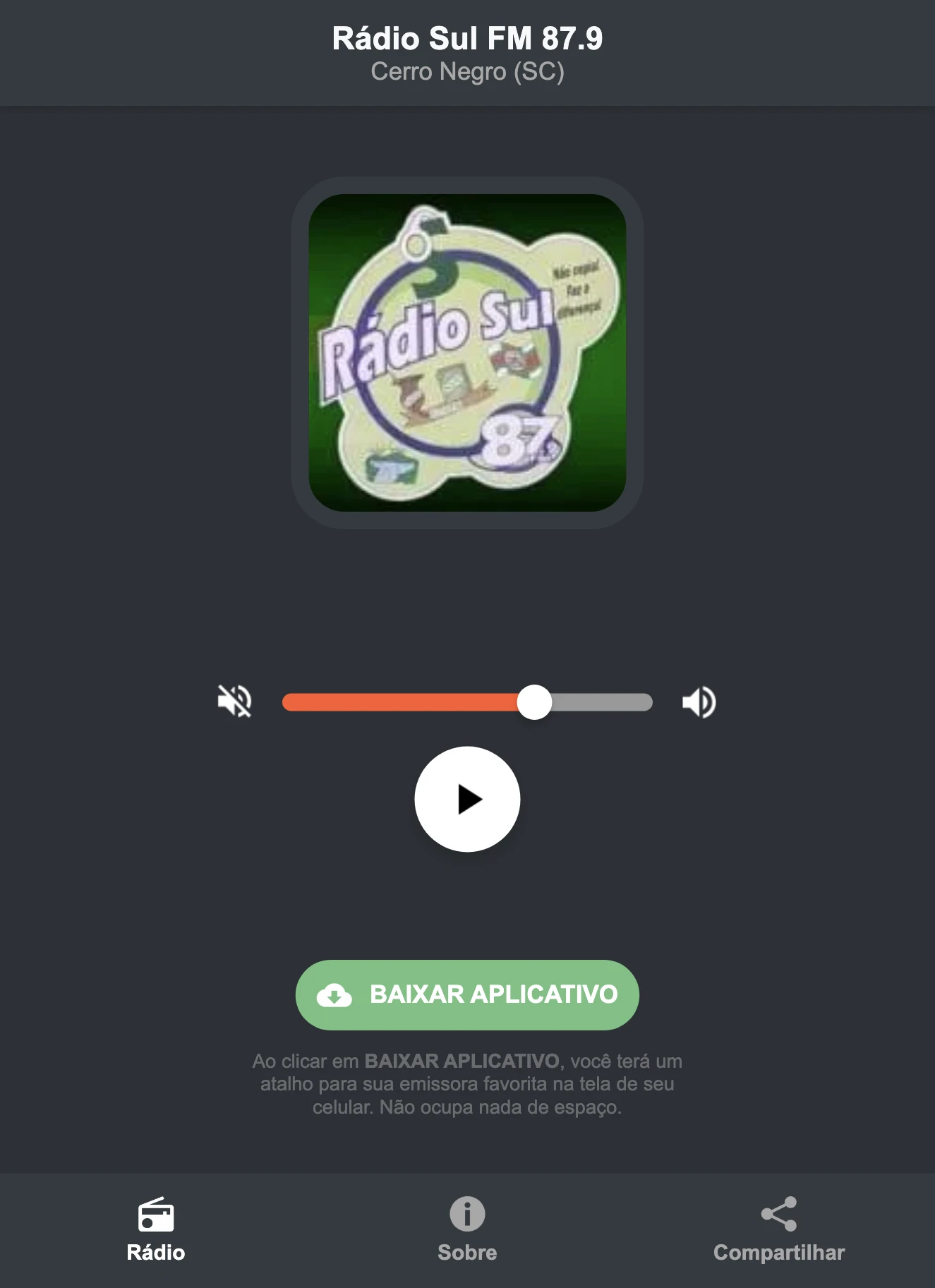 Screenshot do aplicativo da Rádio Sul FM 87.9