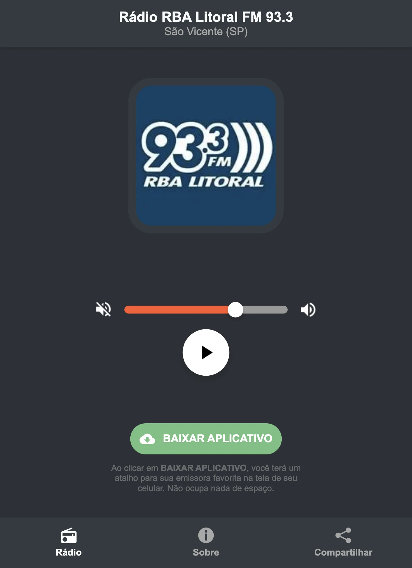 Screenshot do aplicativo da Rádio RBA Litoral FM 93.3