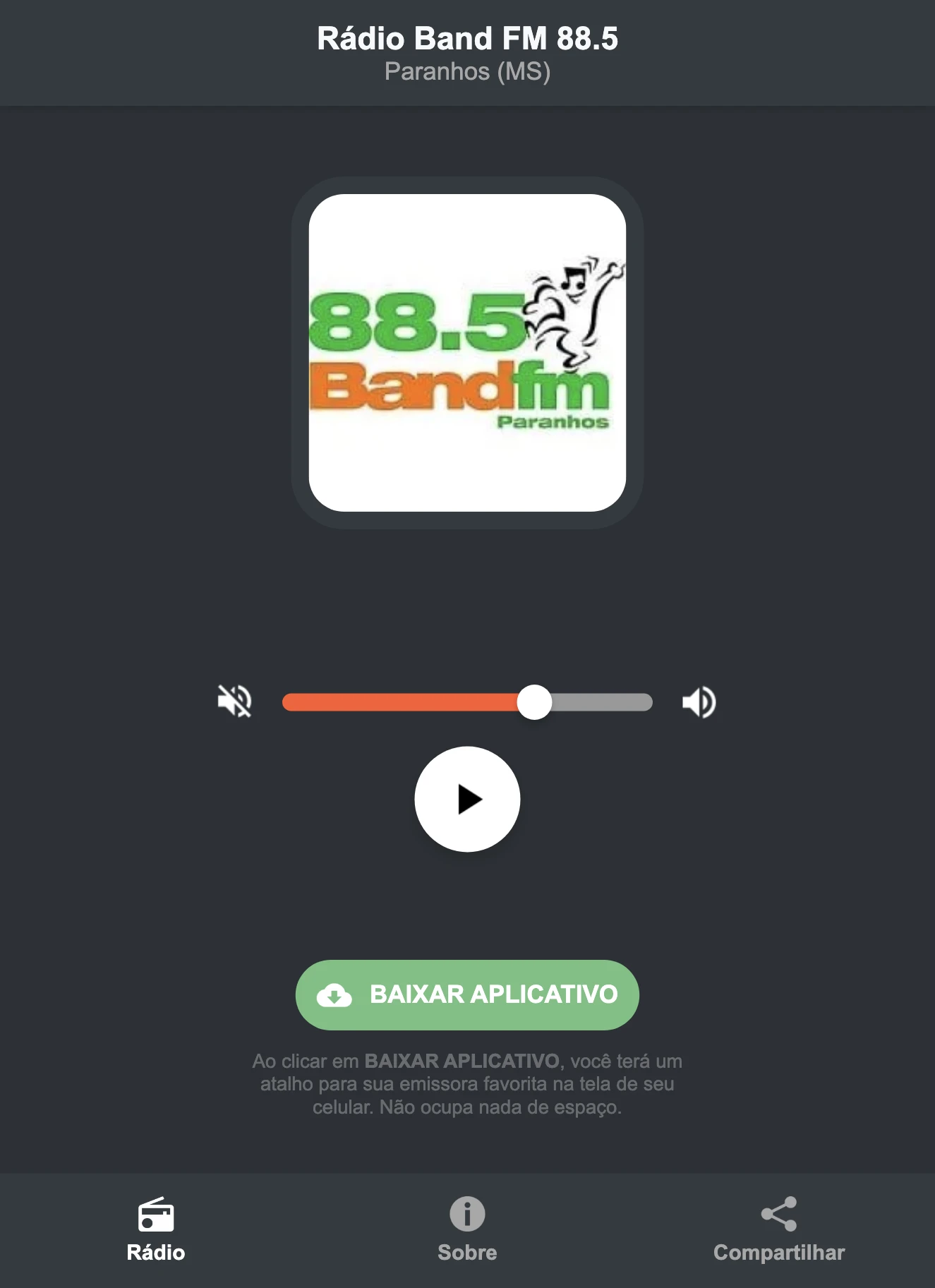 Screenshot do aplicativo da Rádio Band FM 88.5