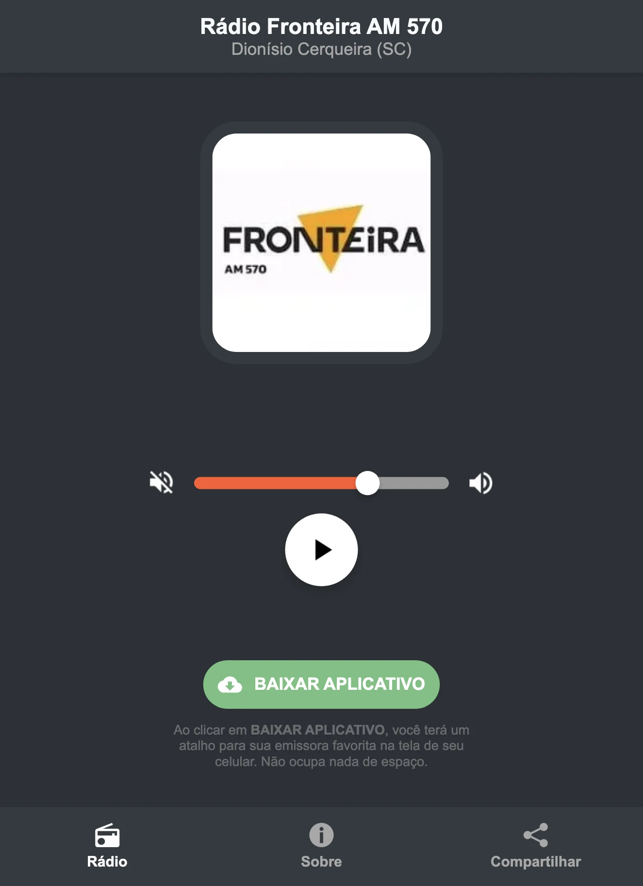 Screenshot do aplicativo da Rádio Fronteira AM 570