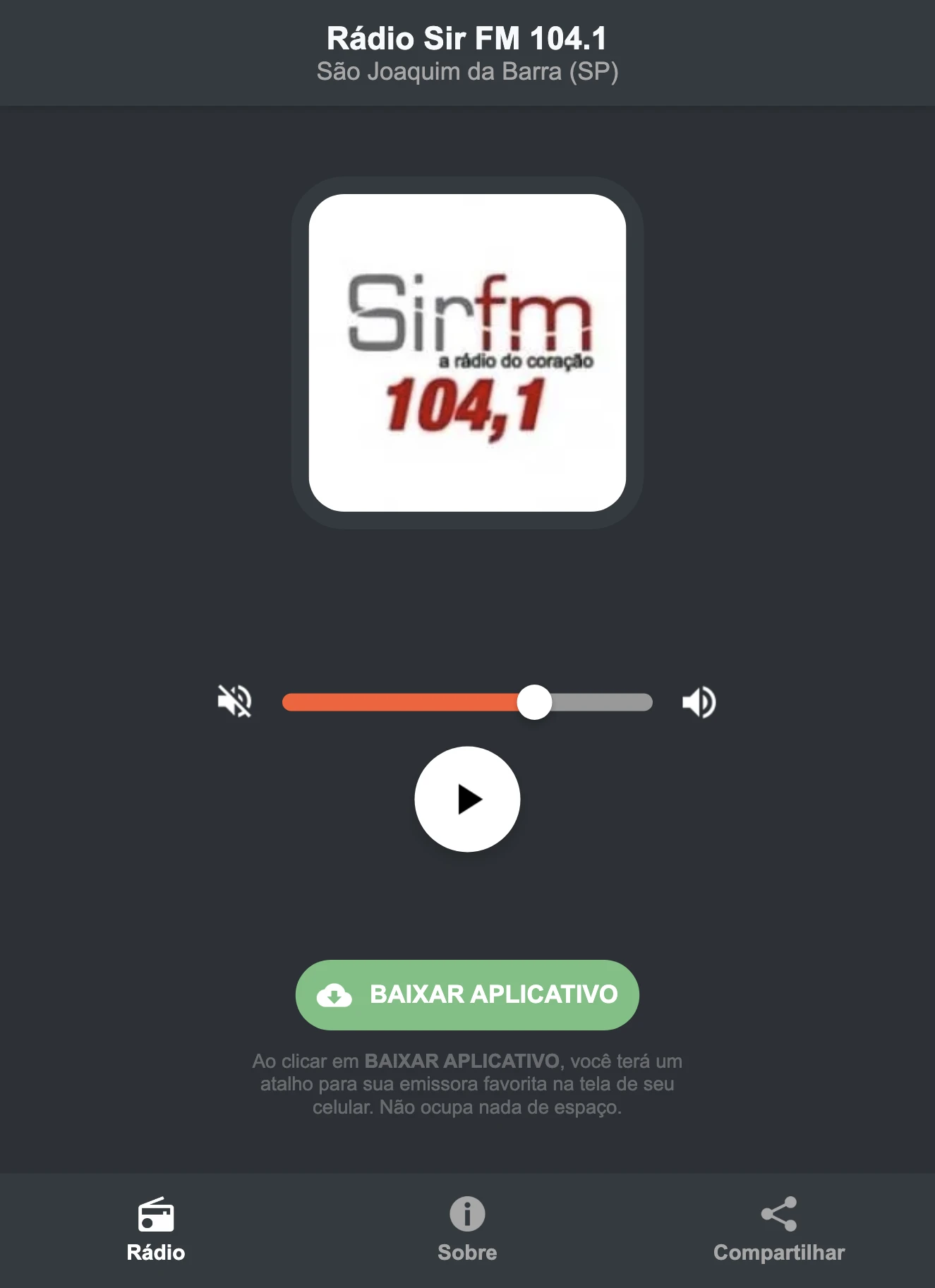 Screenshot do aplicativo da Rádio Sir FM 104.1