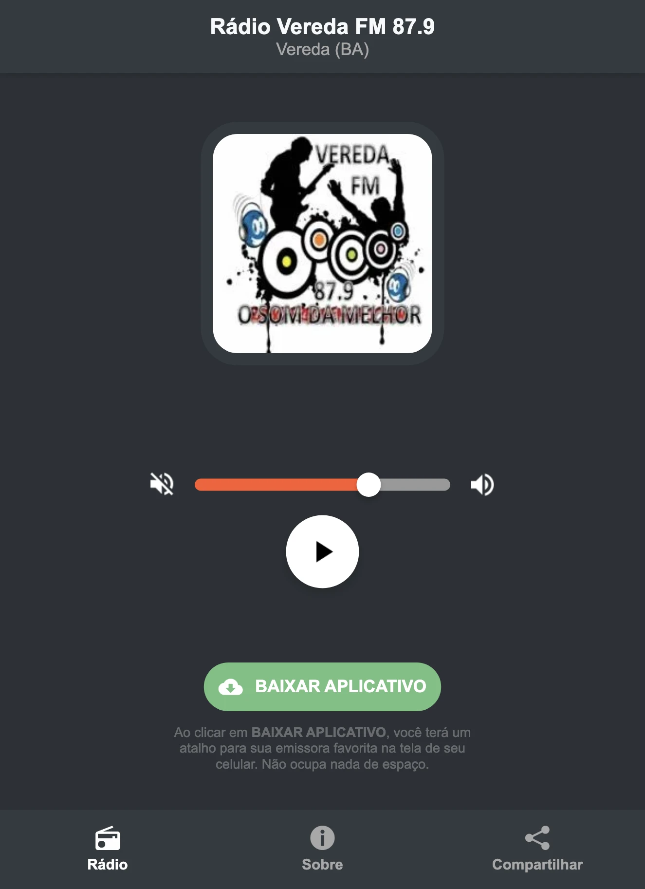 Screenshot do aplicativo da Rádio Vereda FM 87.9