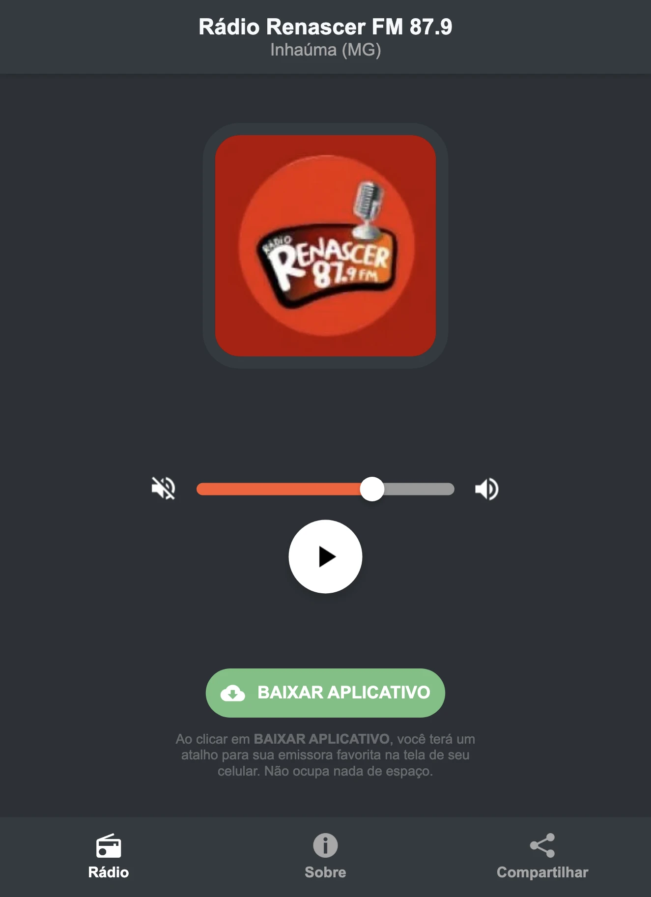 Screenshot do aplicativo da Rádio Renascer FM 87.9