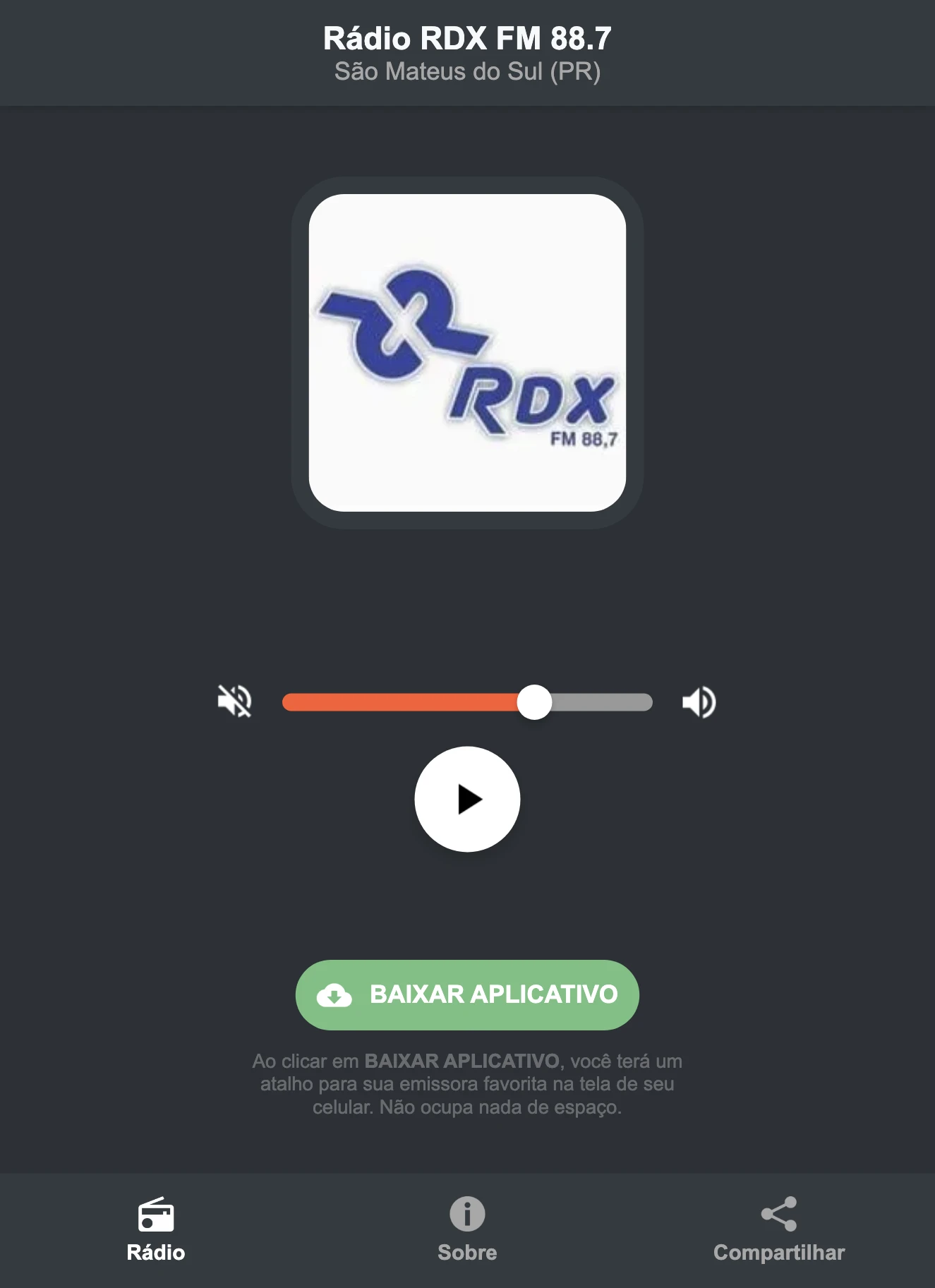 Screenshot do aplicativo da Rádio RDX FM 88.7