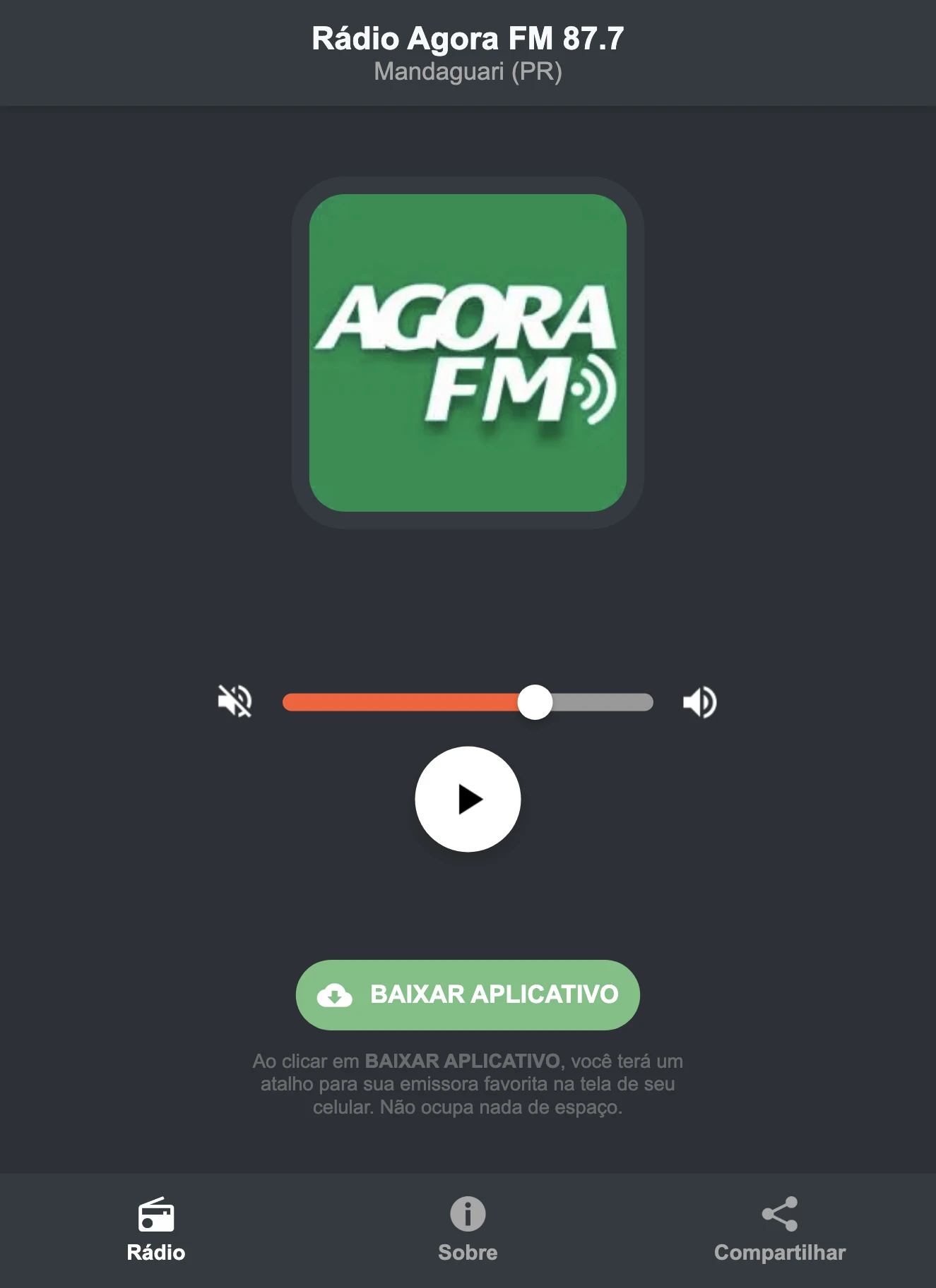 Screenshot do aplicativo da Rádio Agora FM 87.7