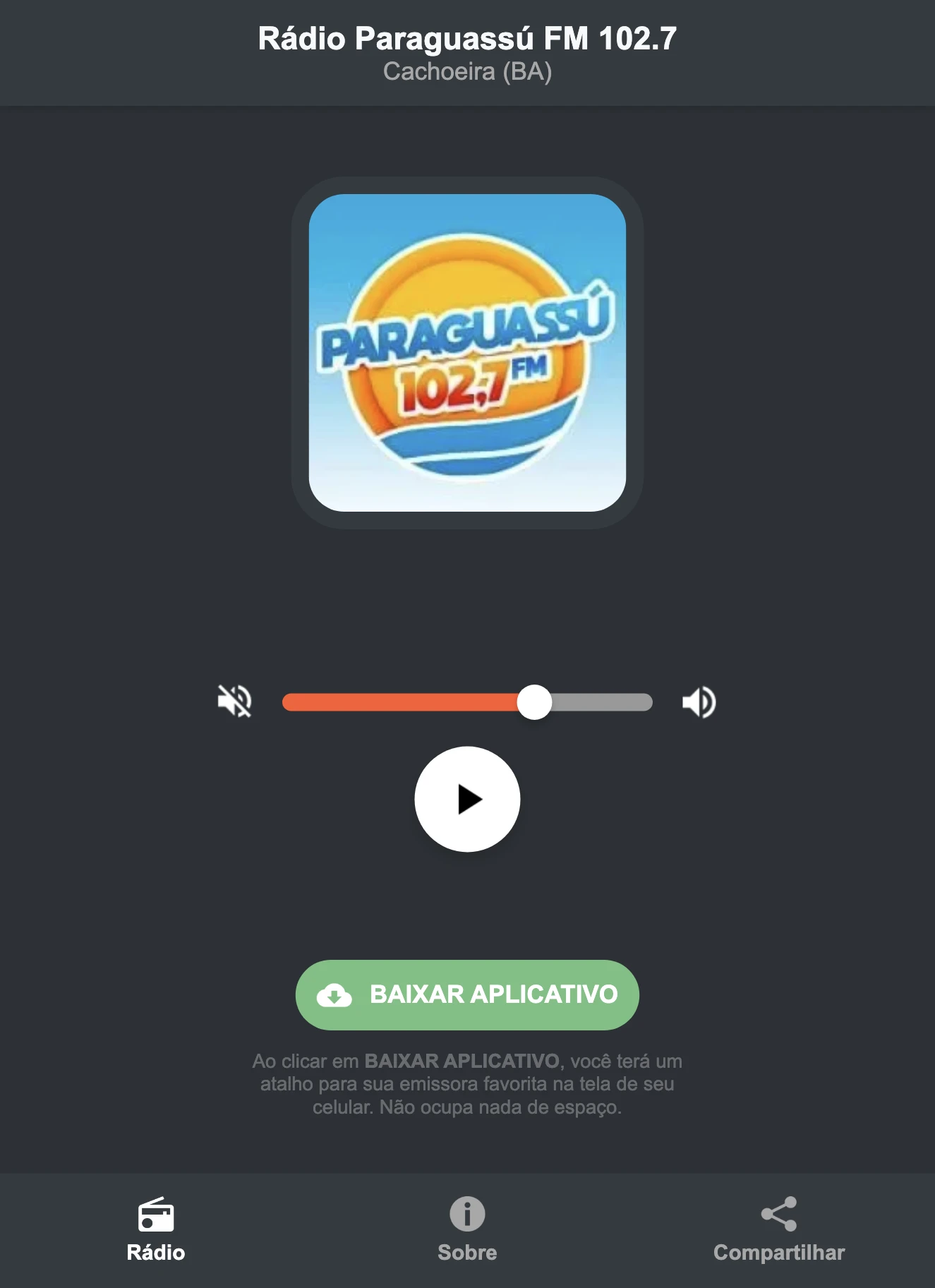 Screenshot do aplicativo da Rádio Paraguassú FM 102.7