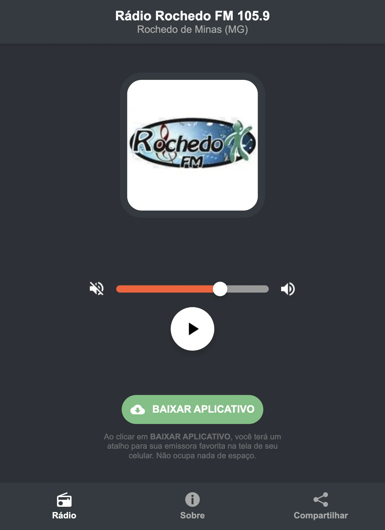 Screenshot do aplicativo da Rádio Rochedo FM 105.9