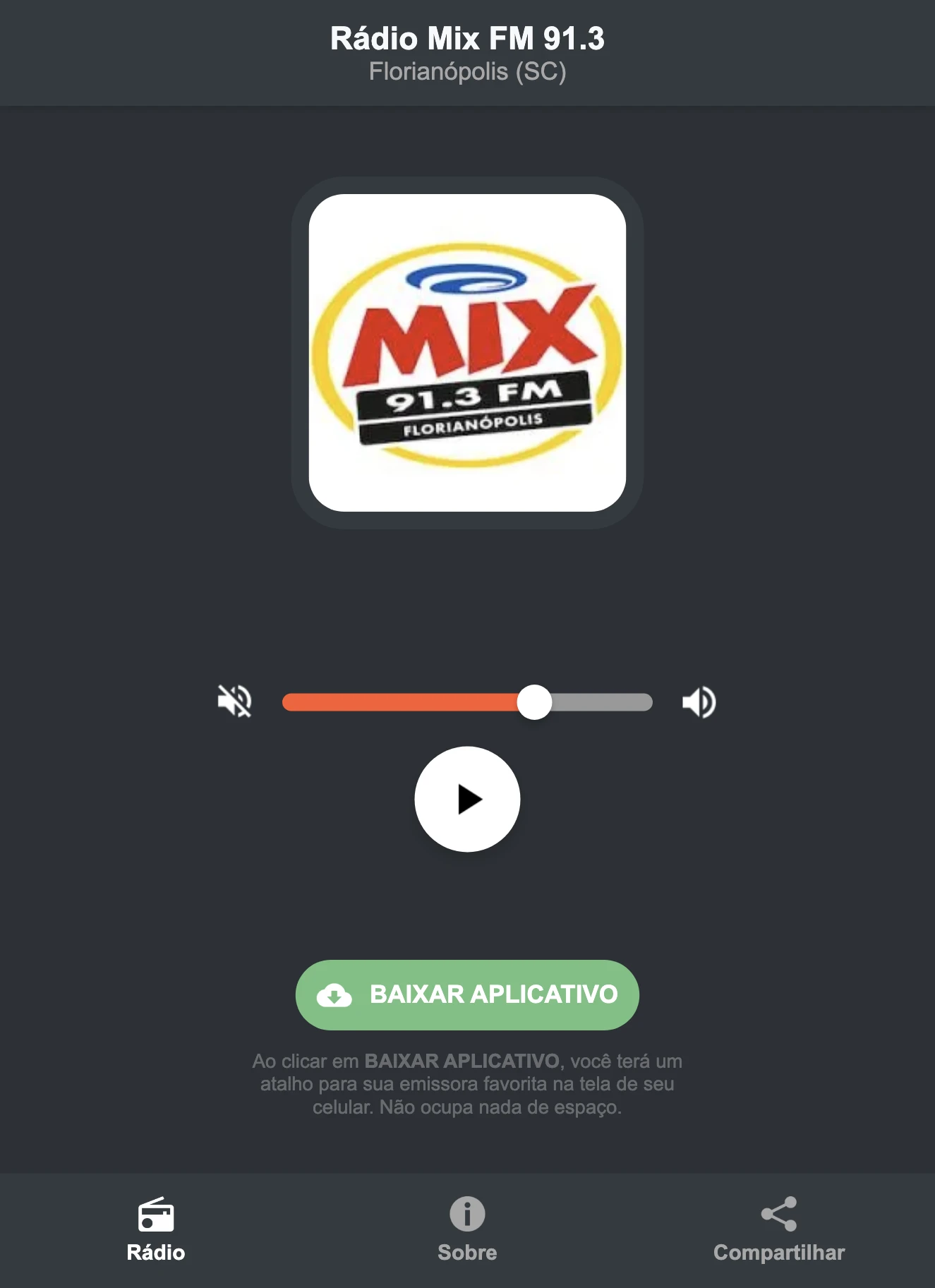 Screenshot do aplicativo da Rádio Mix FM 91.3