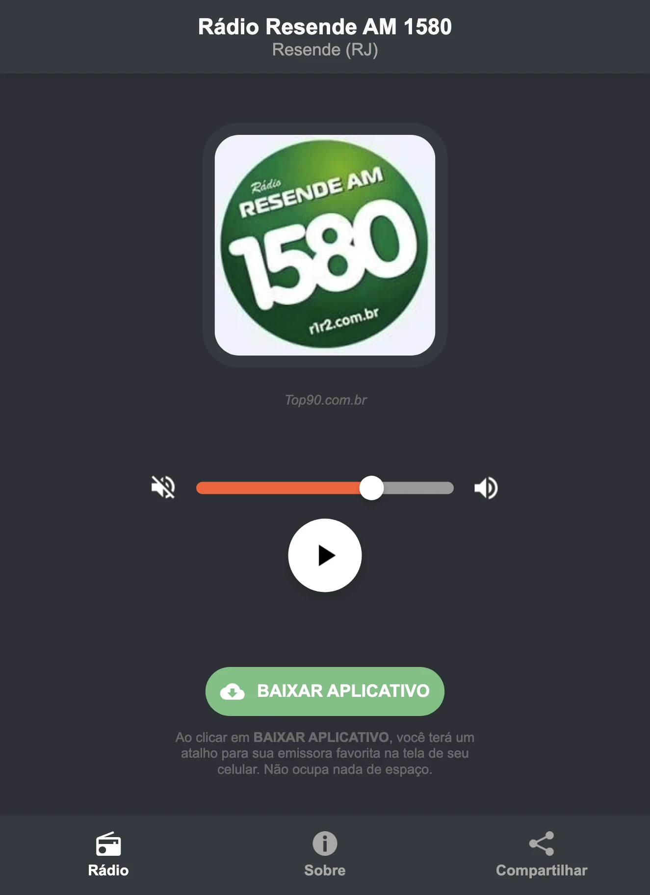Screenshot do aplicativo da Rádio Resende AM 1580