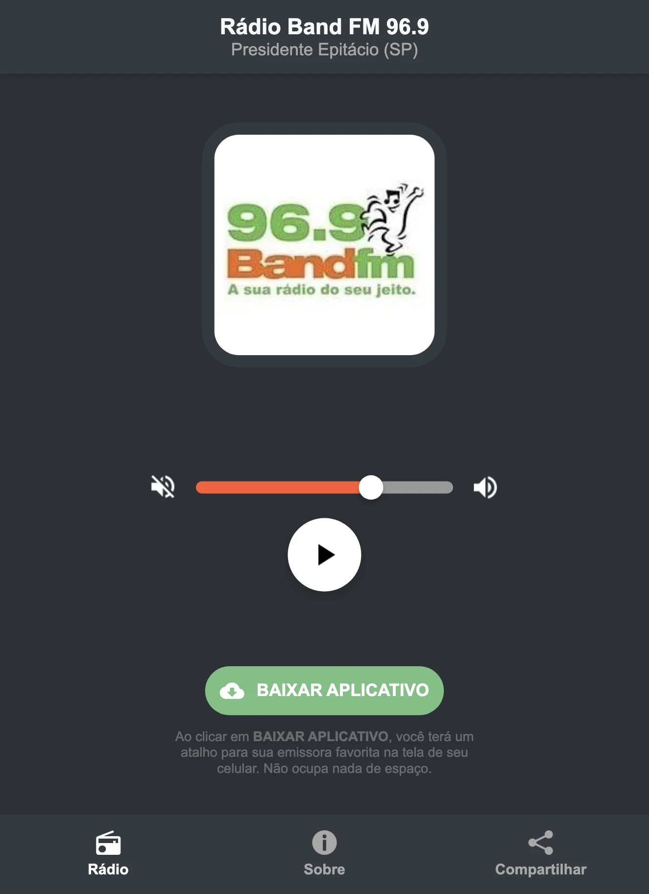 Screenshot do aplicativo da Rádio Band FM 96.9