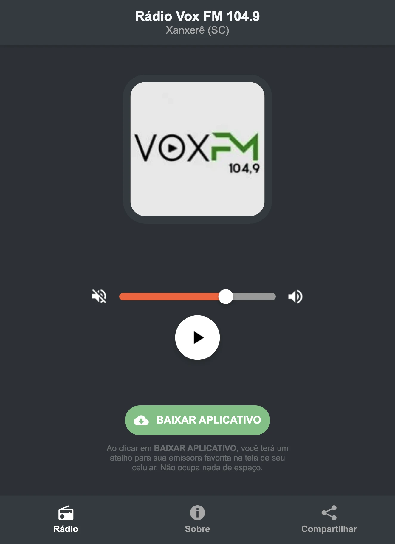 Screenshot do aplicativo da Rádio Vox FM 104.9
