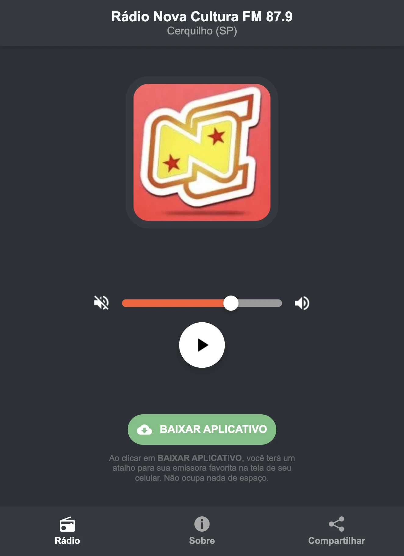 Screenshot do aplicativo da Rádio Nova Cultura FM 87.9